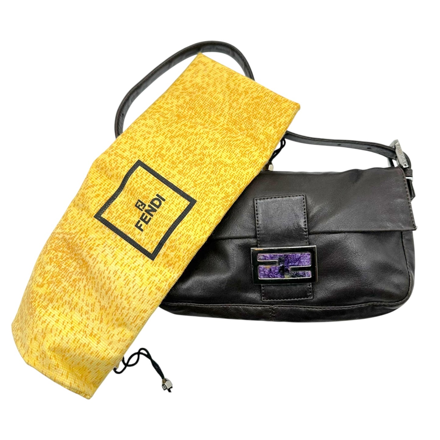 Fendi Black Lambskin Baguette Bag With Purple Stone