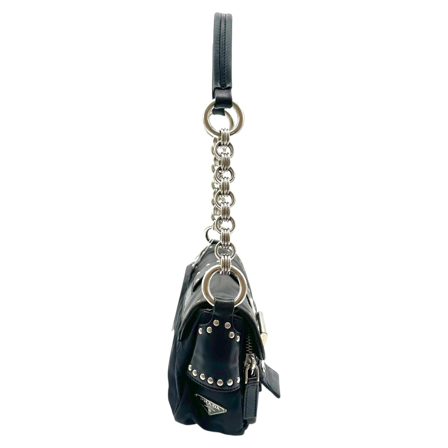 Prada Black Leather Studded Buckled Mini Shoulder Bag