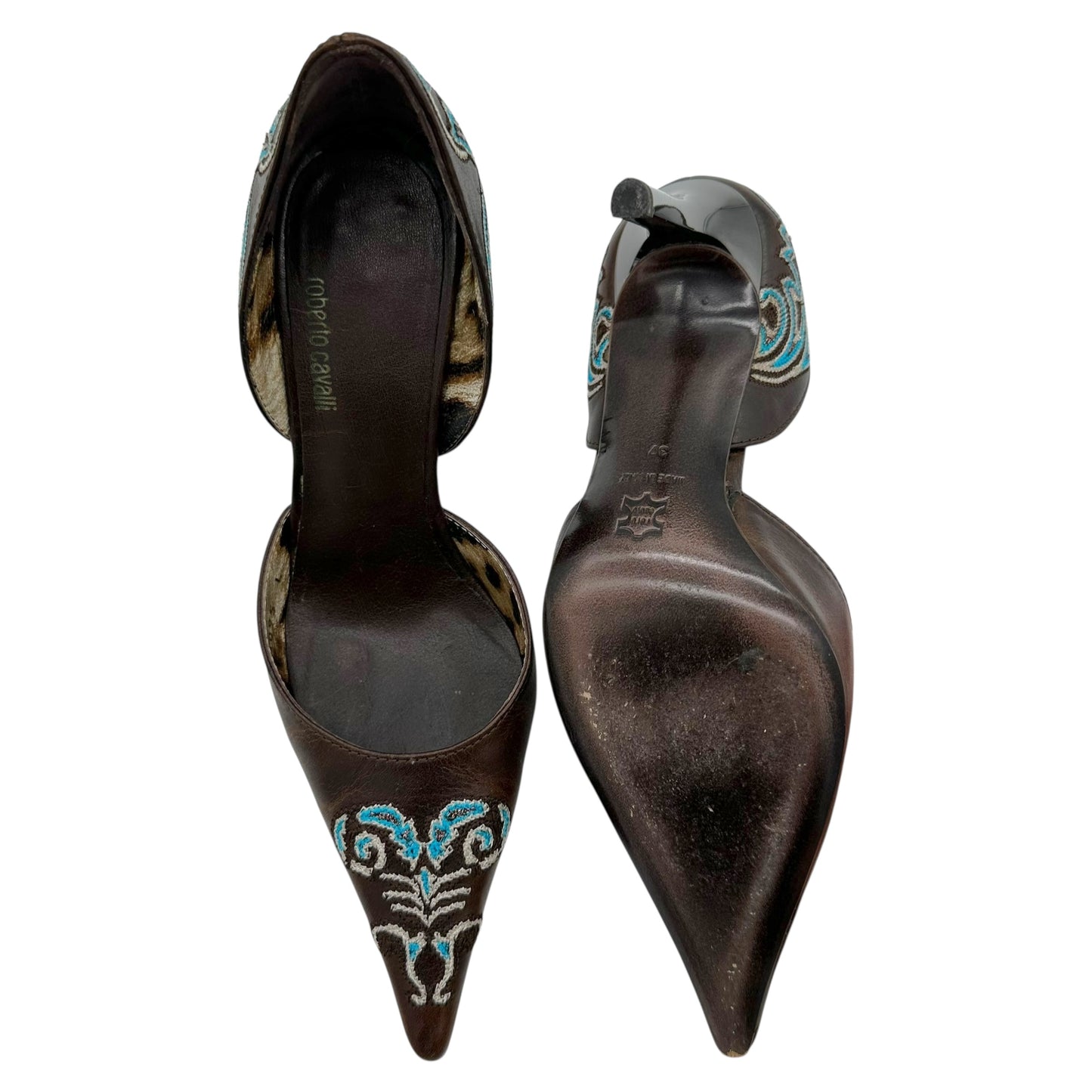 Roberto Cavalli Brown & Blue Embroidered Pointed Toe Heels