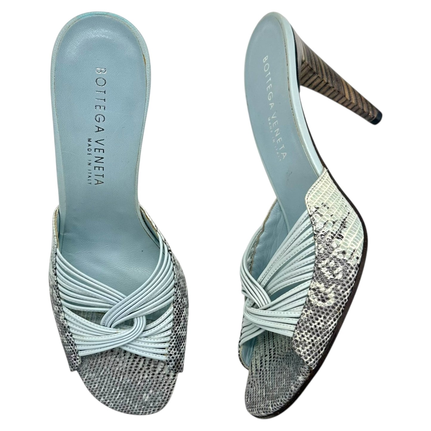 Bottega Veneta Blue Lizard Skin Mule Heels