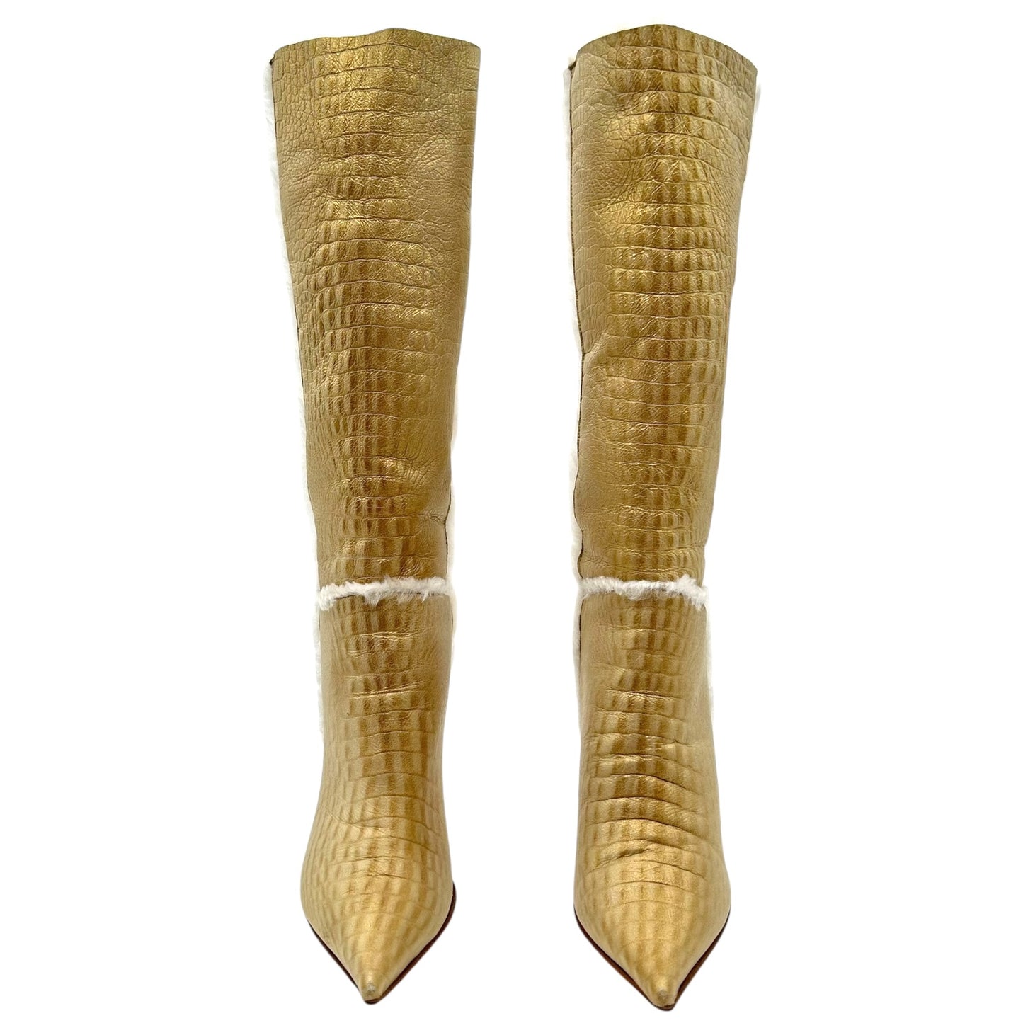 Casadei Gold Croc Embossed Shearling Pointed Toe Boots