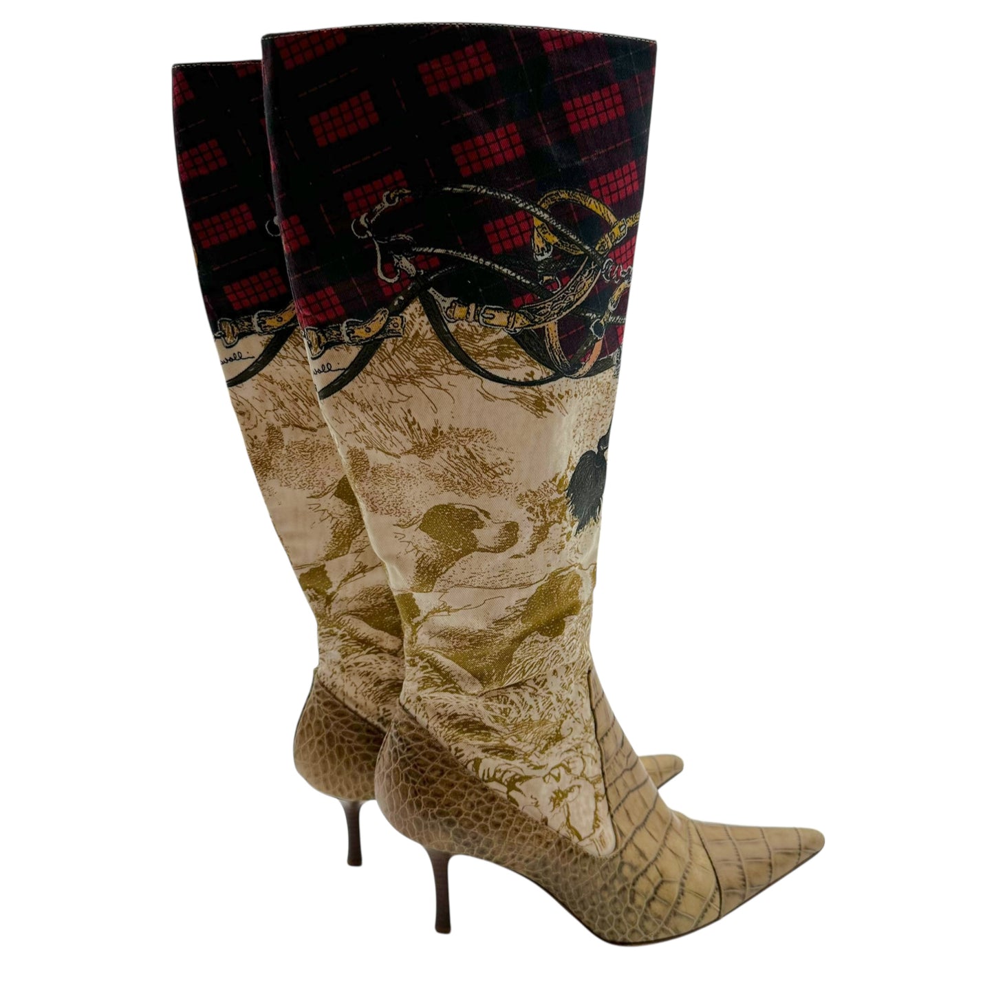 Roberto Cavalli Croc Embossed and Canvas Print Heeled Boots
