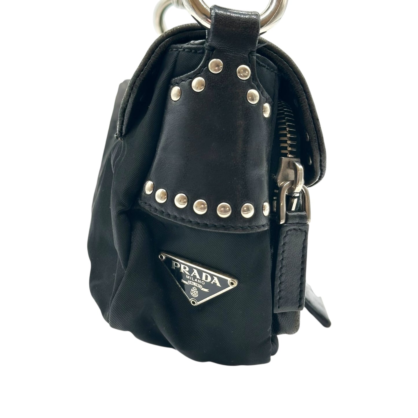 Prada Black Leather Studded Buckled Mini Shoulder Bag