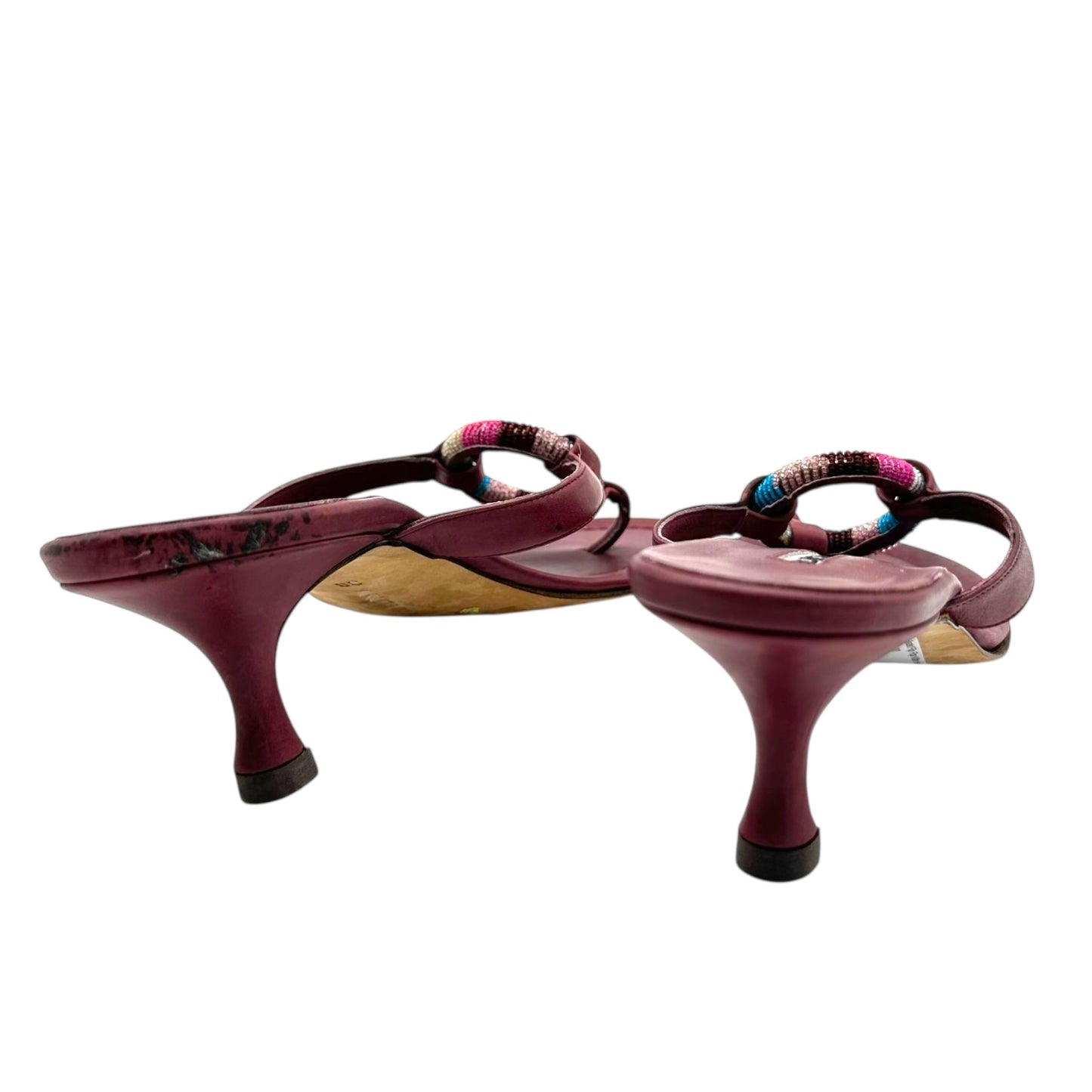 Manolo Blahnik Burgundy Beaded Flip Flop Kitten Heels