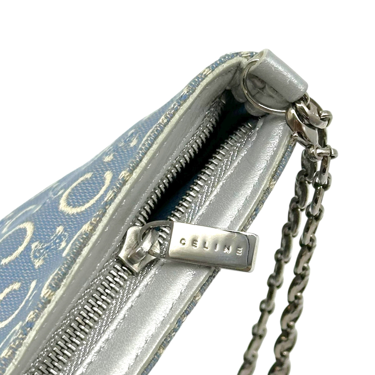Celine Pochette Bag Light Blue Monogram Canvas Chain Strap