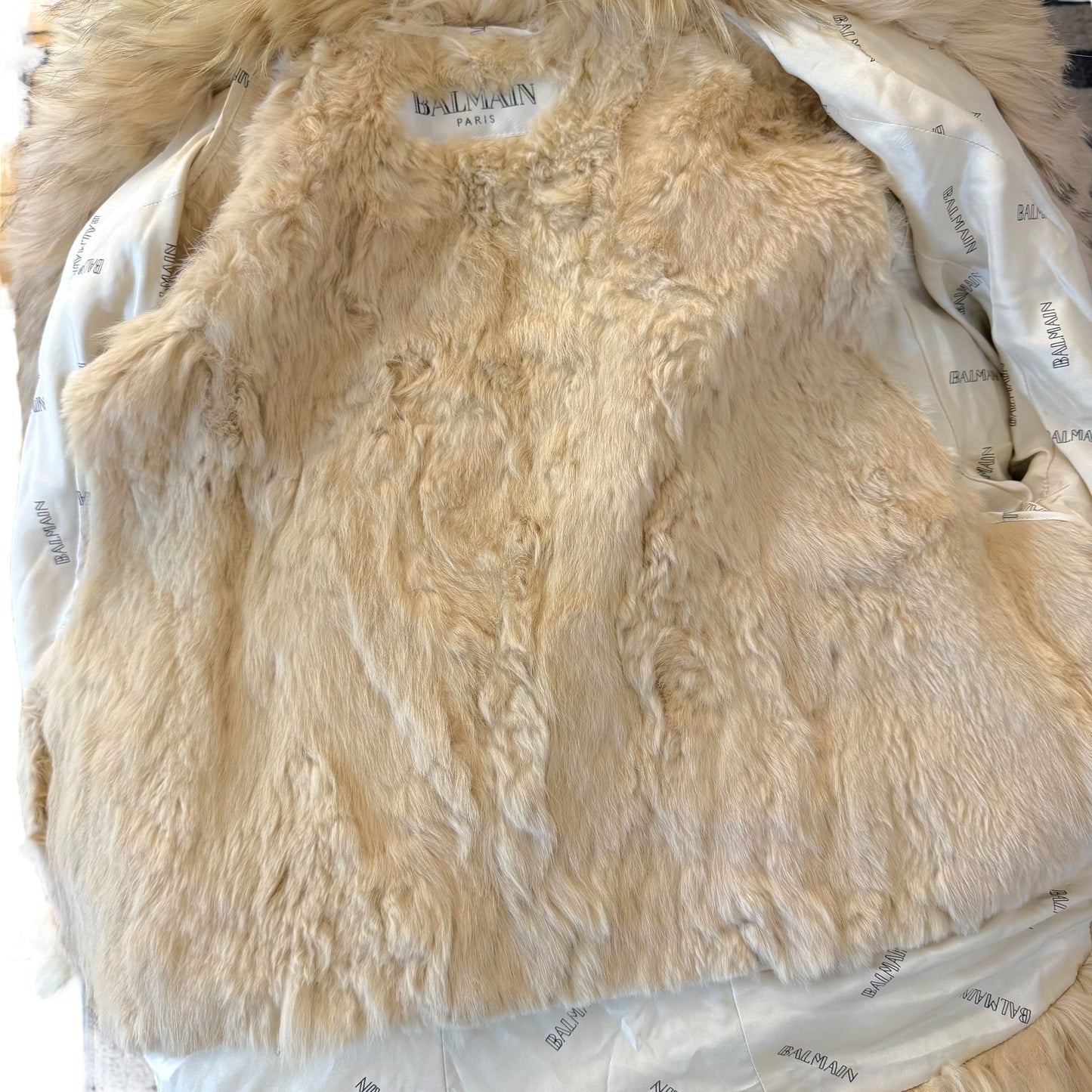 Balmain Ivory Silk Coyote Fur Coat Tailored Fit 1990s