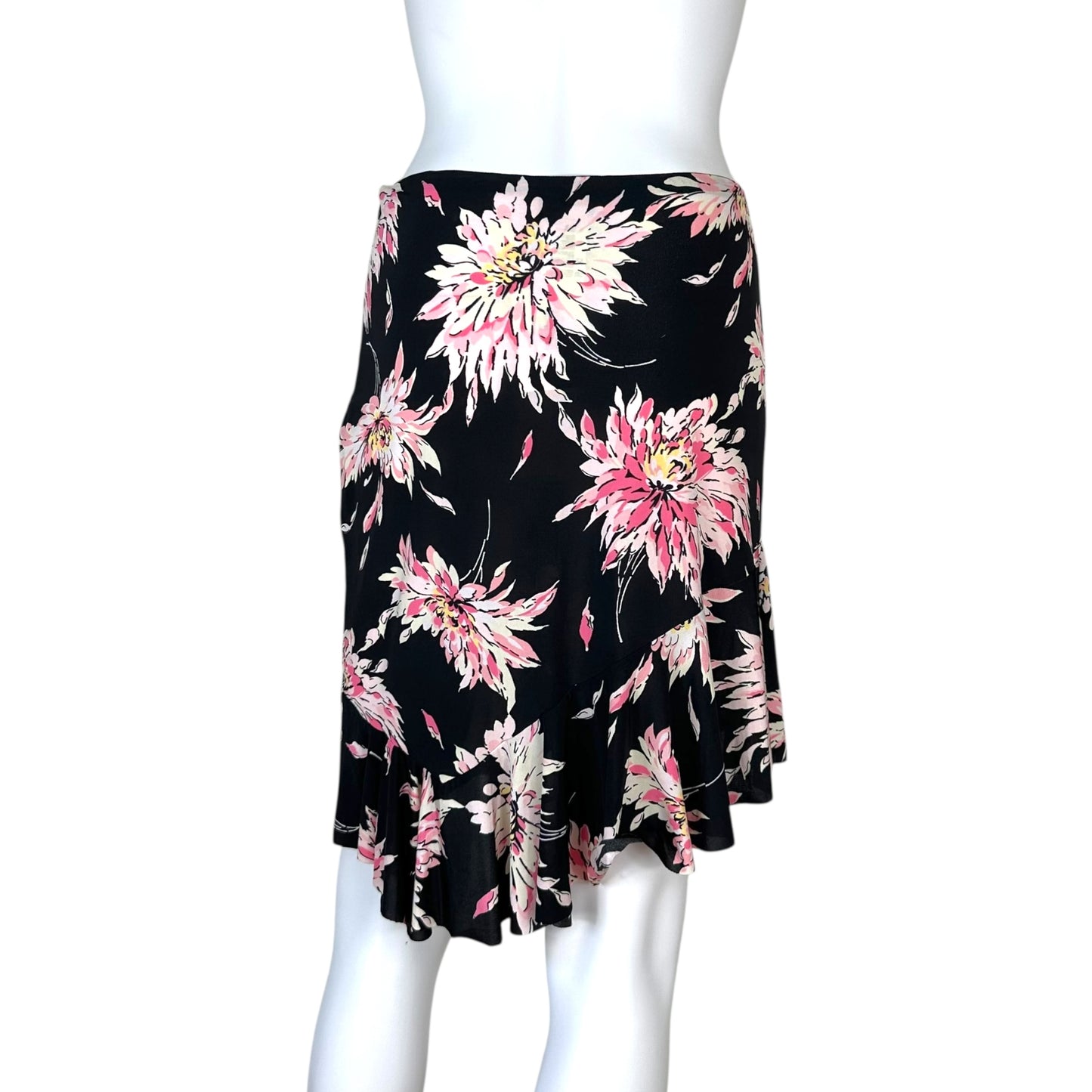 Blumarine Black & Pink Floral Bias Cut Midi Skirt
