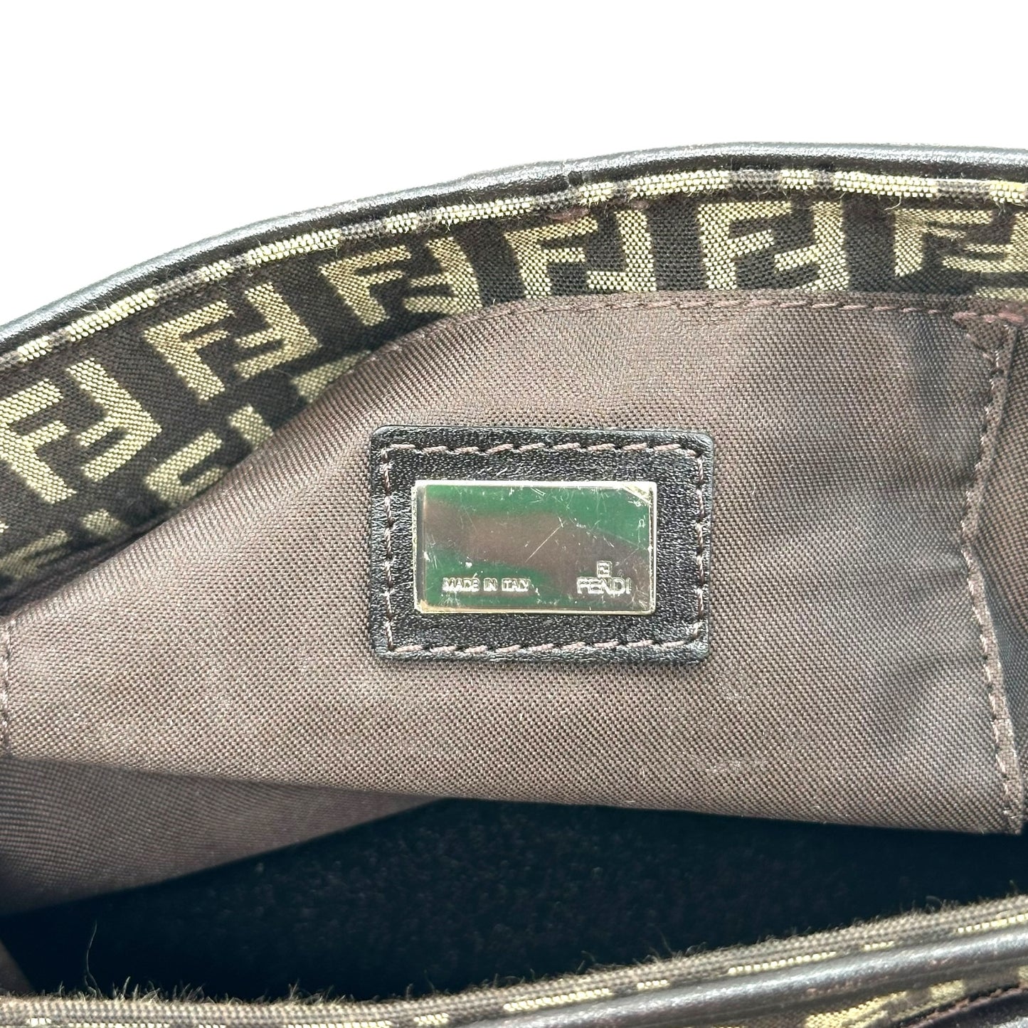 Fendi Brown Zucchino Monogram Drawstring Baguette Bag