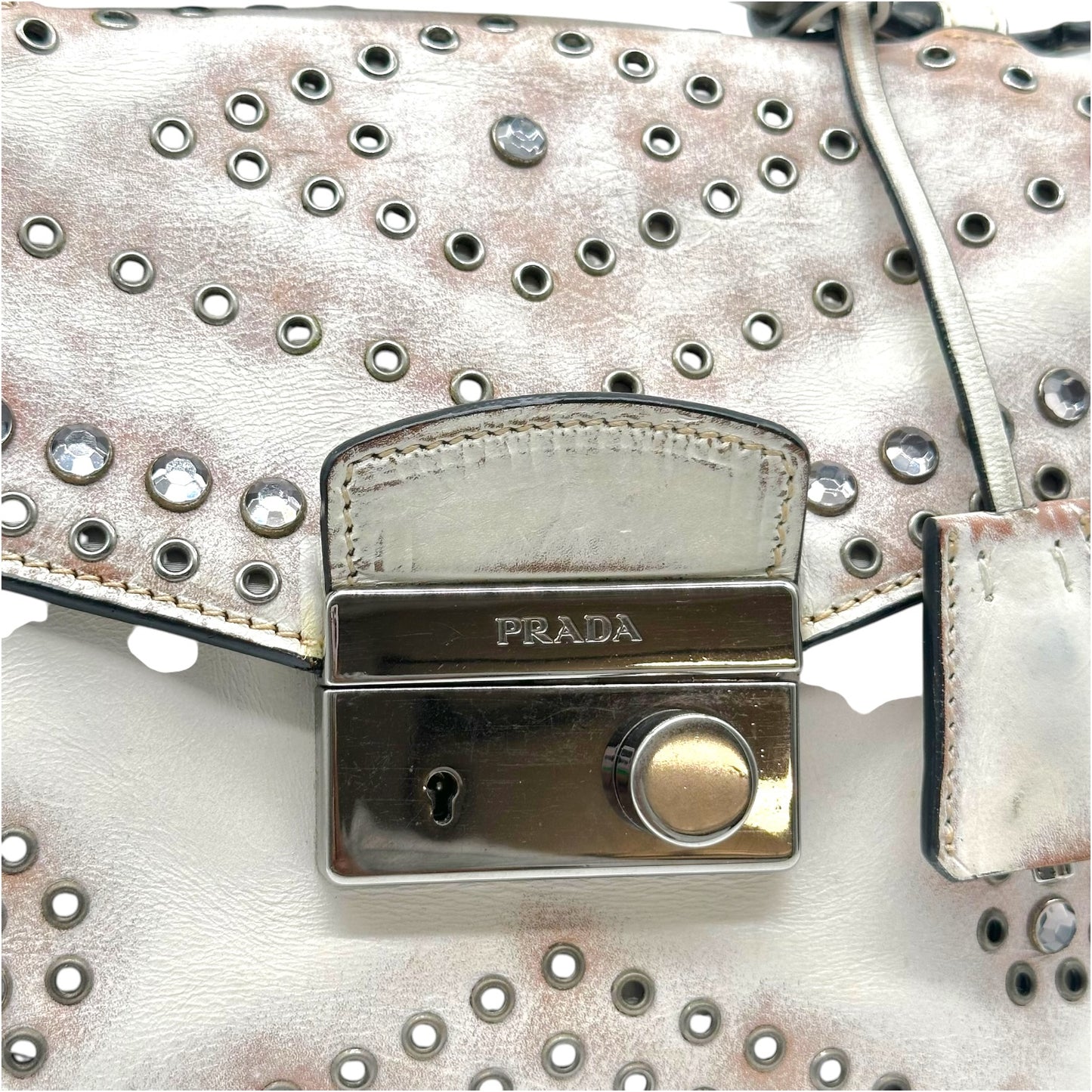 Prada White Leather Studded & Rhinestone Embellished 2-Way Bag