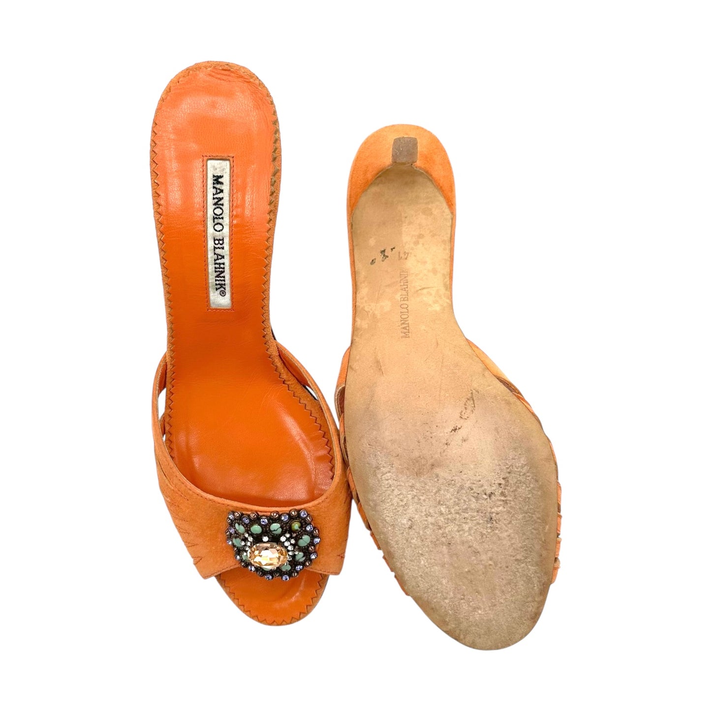 Manolo Blahnik Orange Suede Embellished Kitten Heels