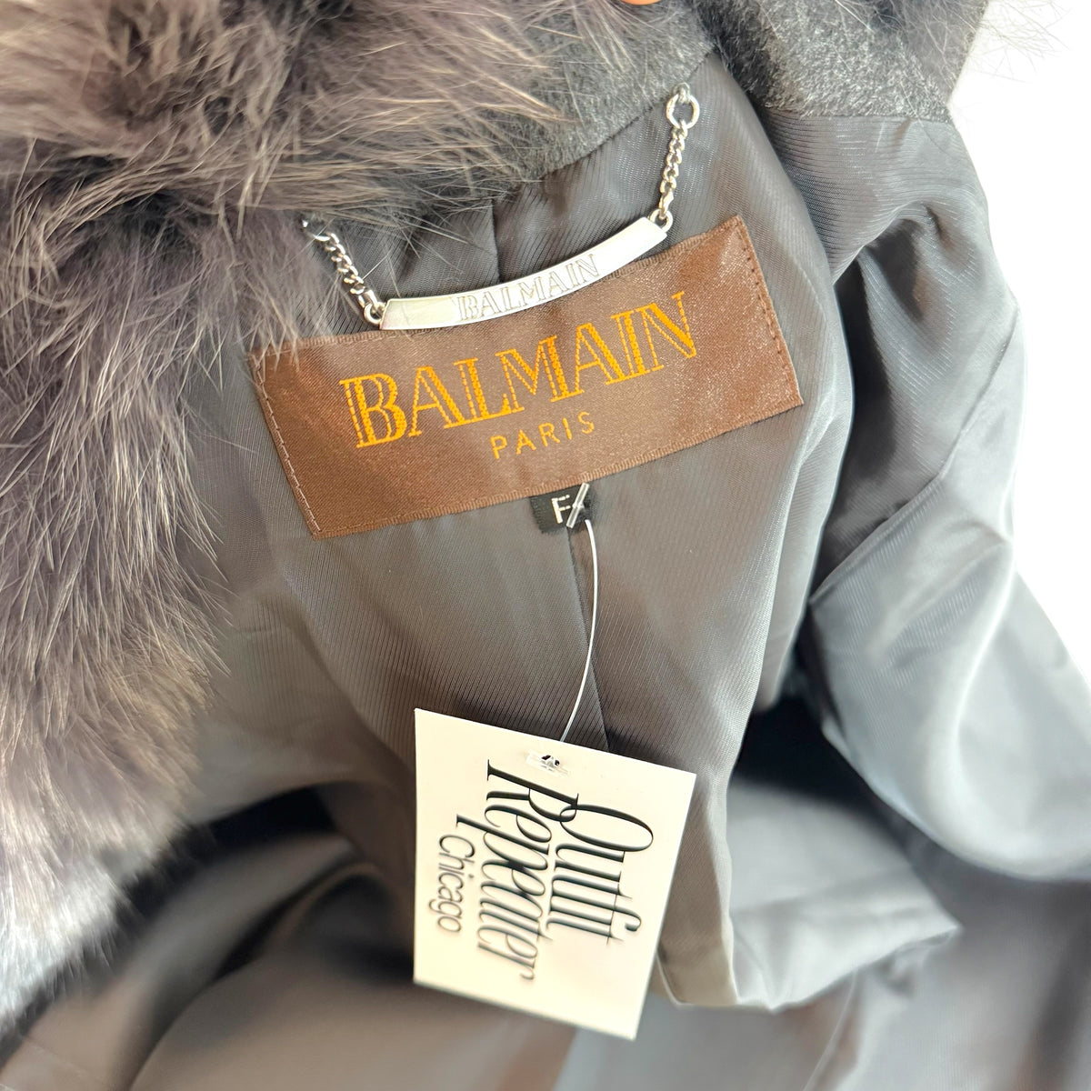 Balmain Gray Wool Fox Fur Cape