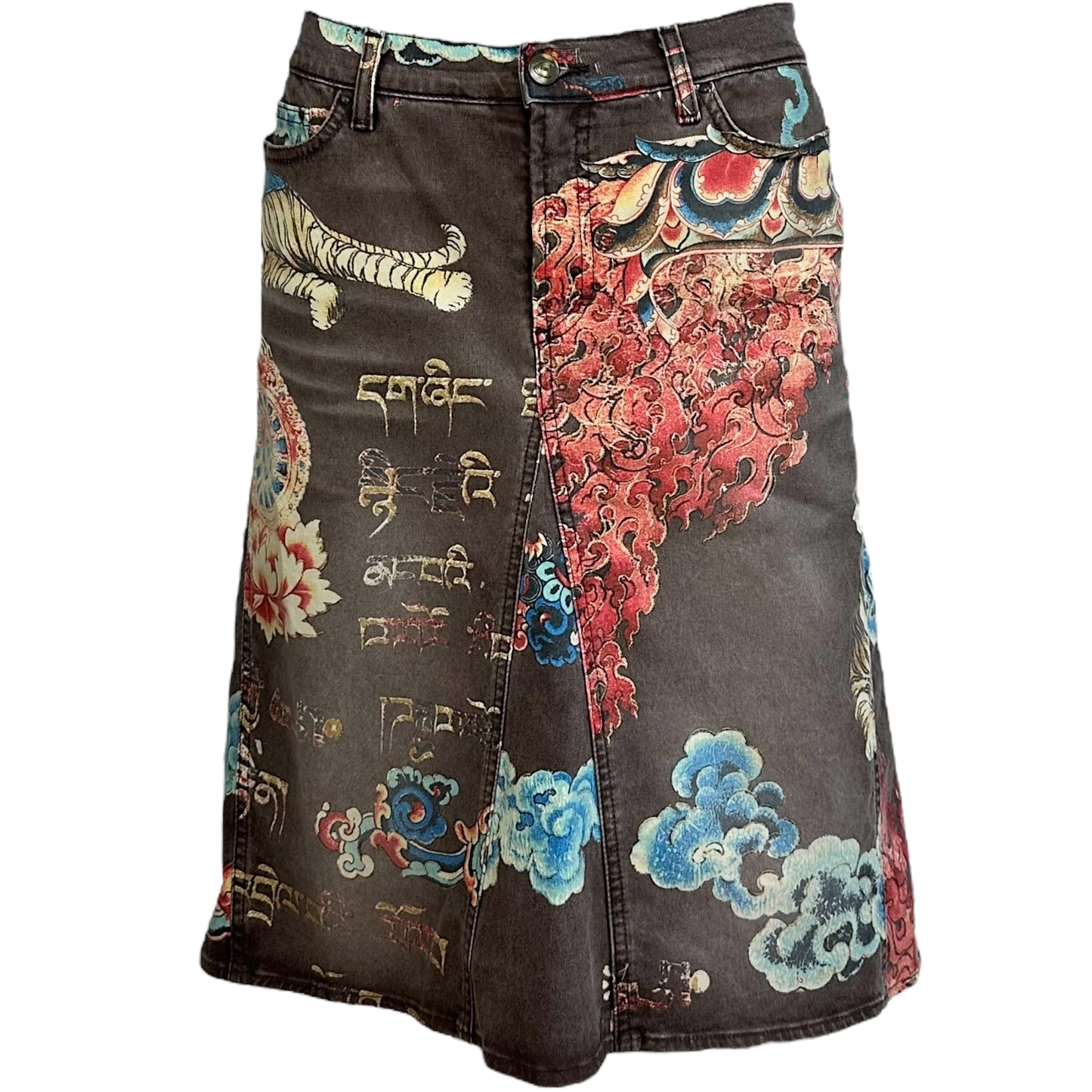 Just Cavalli Roberto Cavalli Asian Inspired Printed Denim Midi Skirt