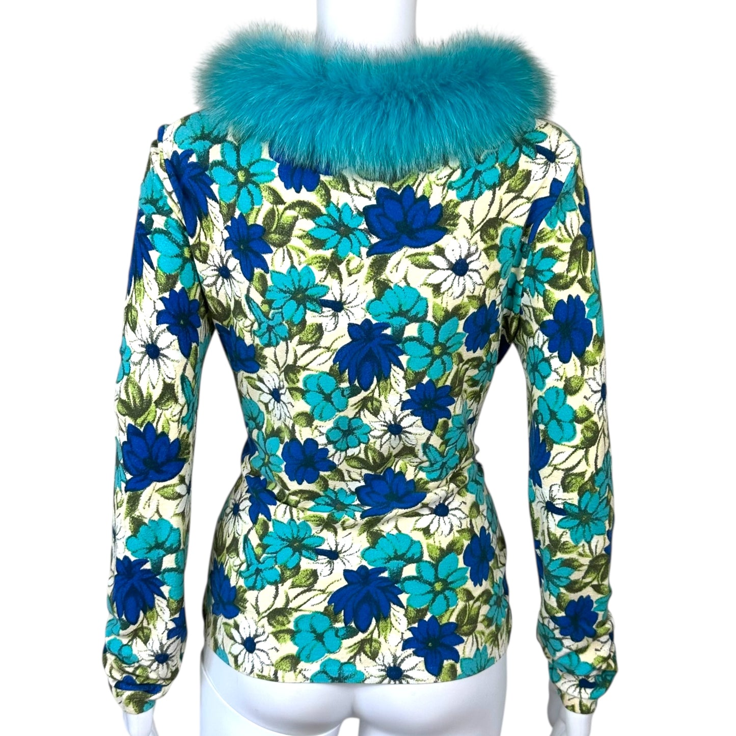 Blumarine Blue Floral & Fur Collar Sweater