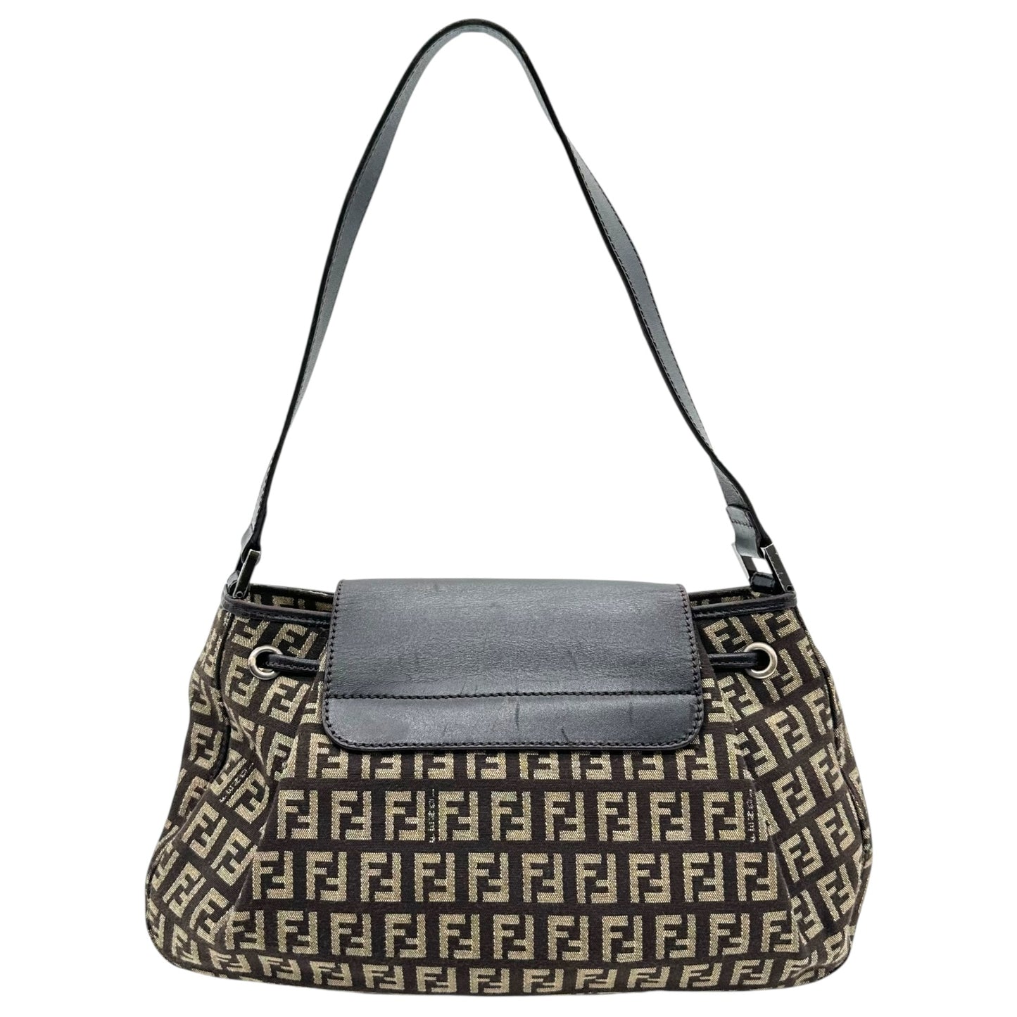 Fendi Brown Zucchino Monogram Drawstring Baguette Bag