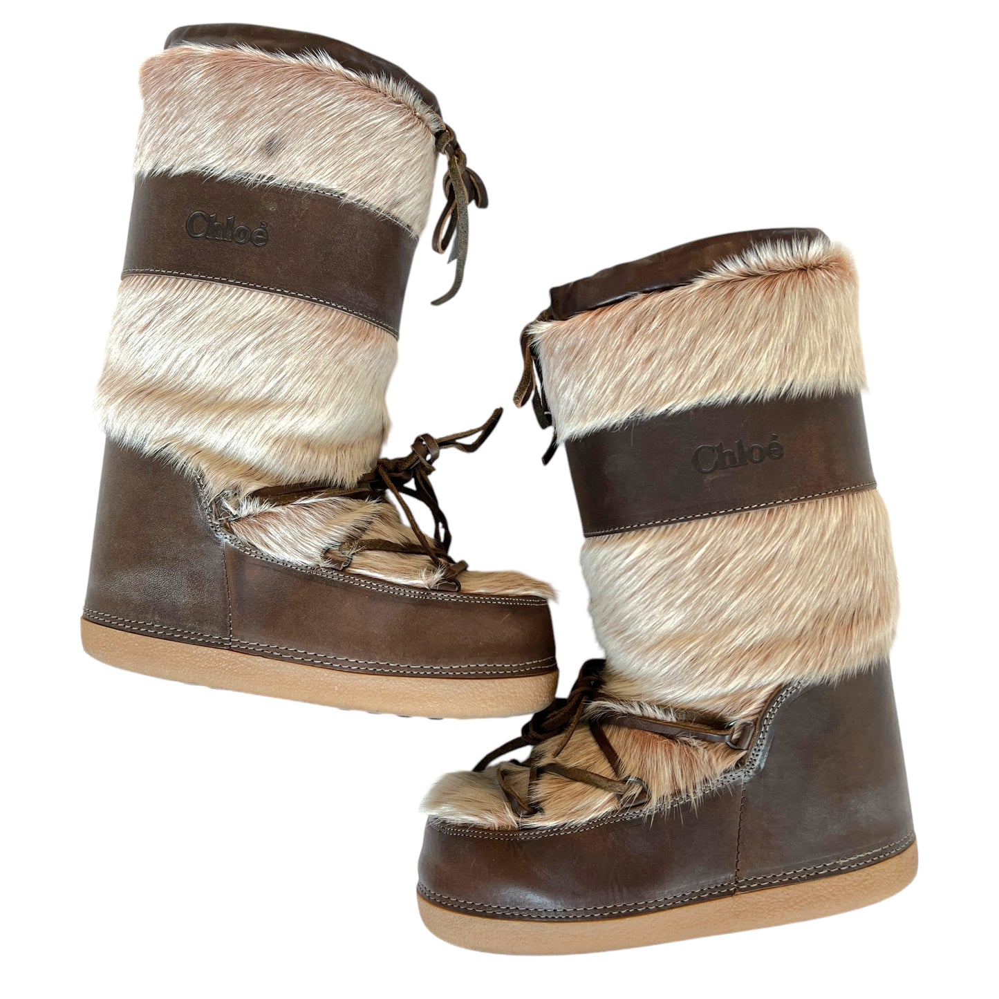 Chloé Brown Leather & Fur Moon Boots