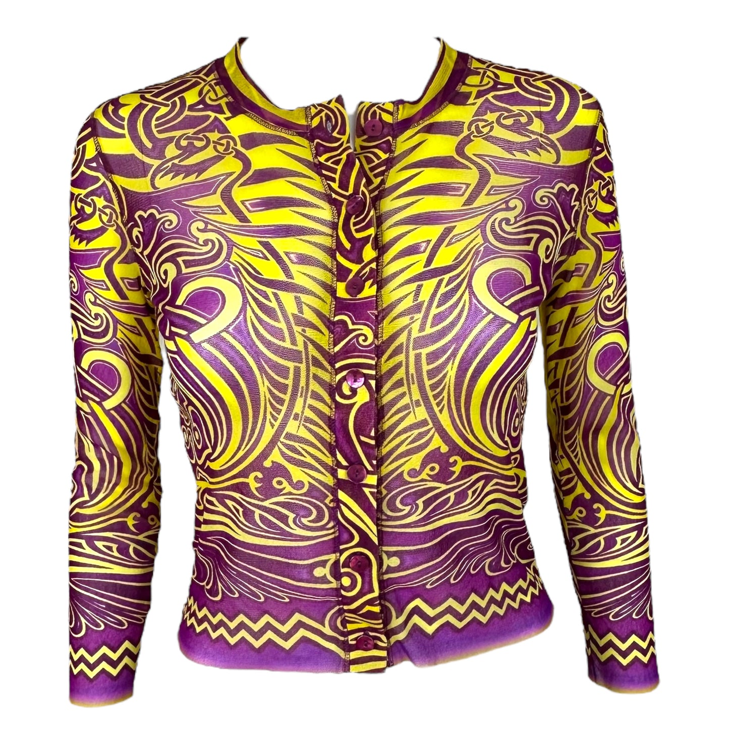 Jean Paul Gaultier Soleil 1996 Purple & Yellow Tribal Print Mesh Crop Cardigan