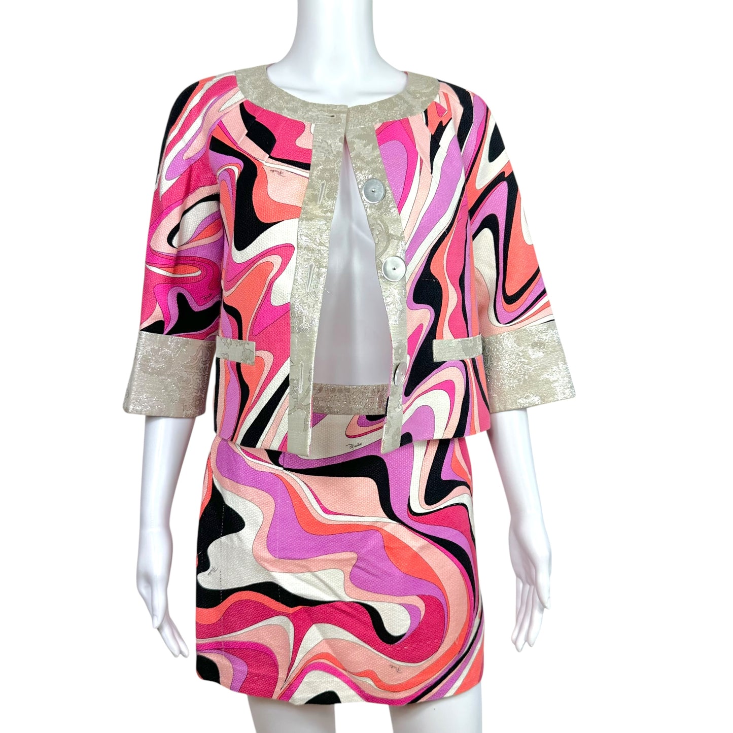 Emilio Pucci Pink Printed Crop Jacket & Mini Skirt Set