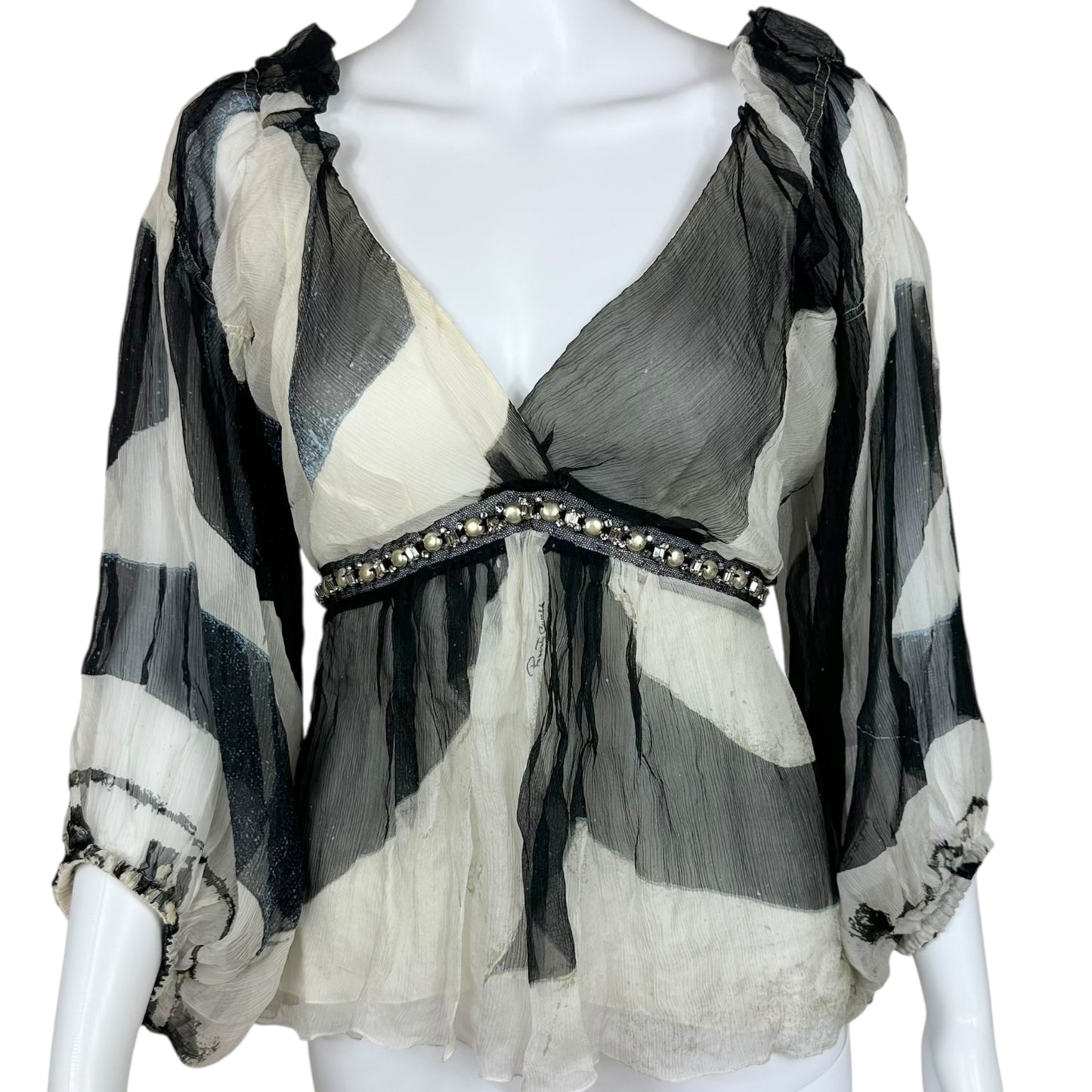 Roberto Cavalli 2007 Black & White Silk Rhinestone Embellished Blouse