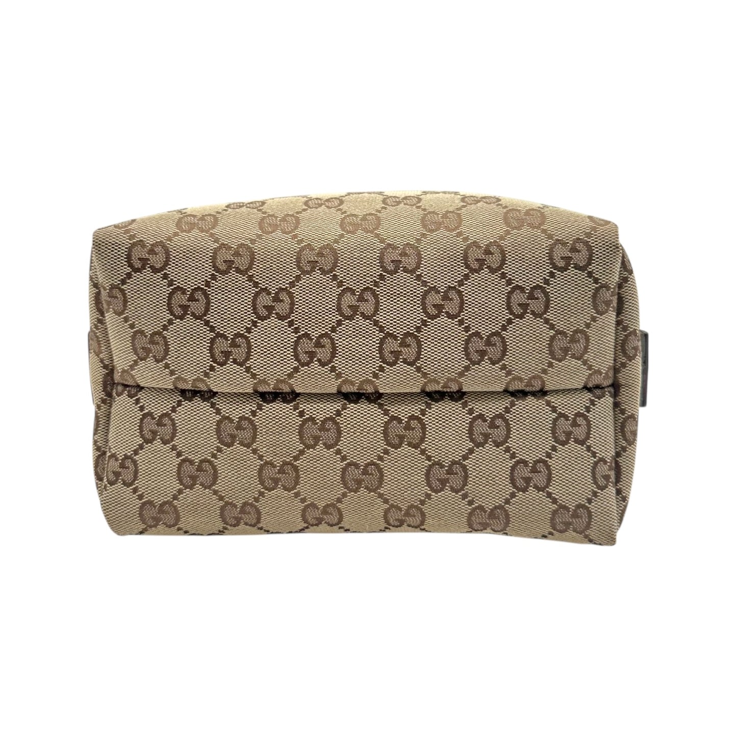 Gucci Tan Monogram Blue Leather Trim Mini Pochette Bag