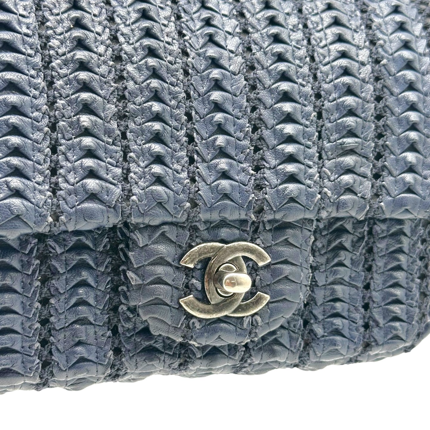 Chanel Small Square Flap Bag Navy Blue Woven Leather