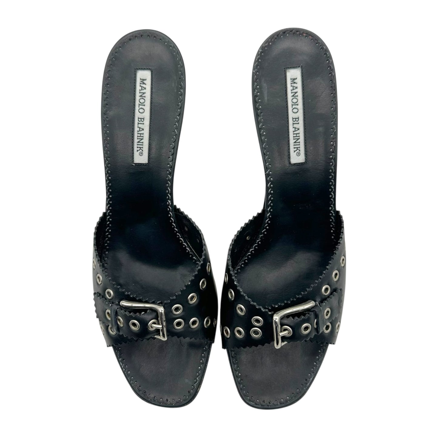 Manolo Blahnik Black Rivet Buckled Kitten Heel Mules