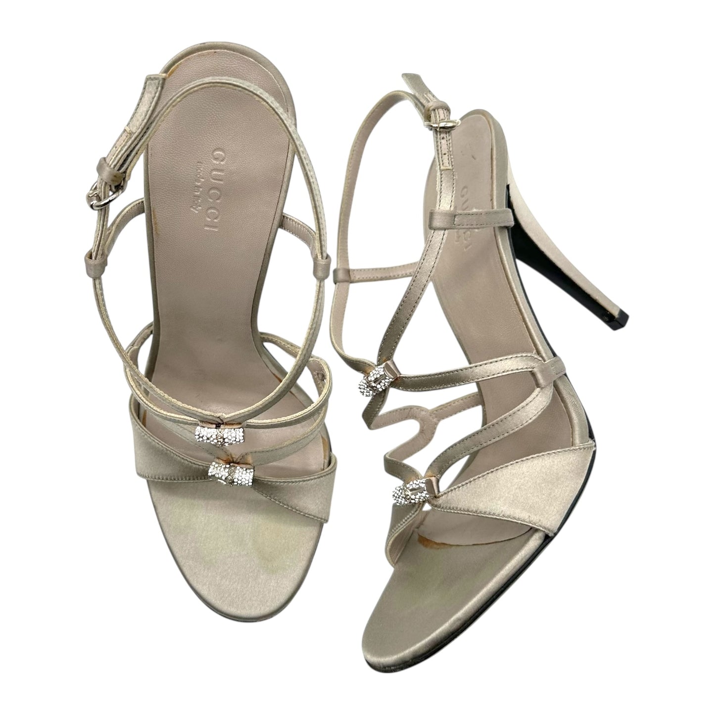 Gucci Silver Satin & Crystal Bamboo Strappy Heels