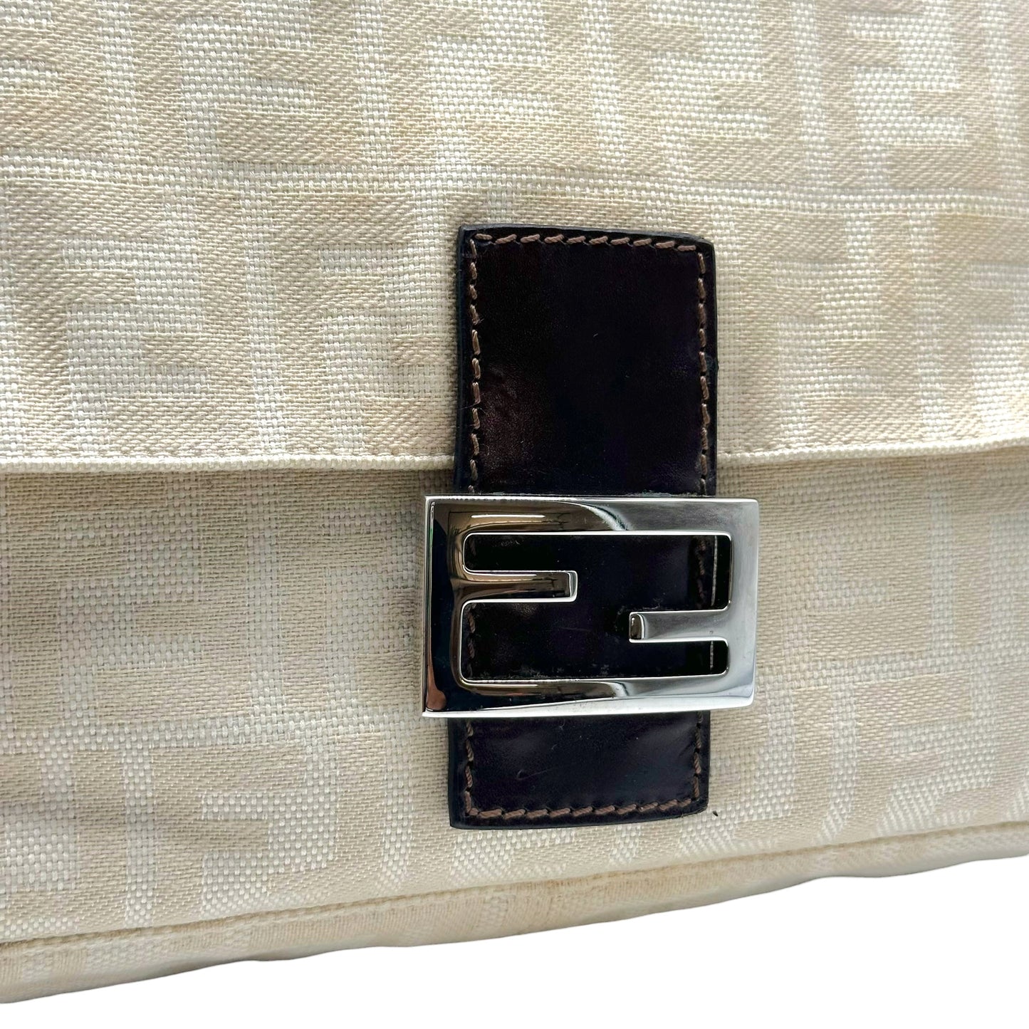 Fendi Ivory Zucca Monogram & Brown Leather XL Mama Front Pocket Baguette Bag
