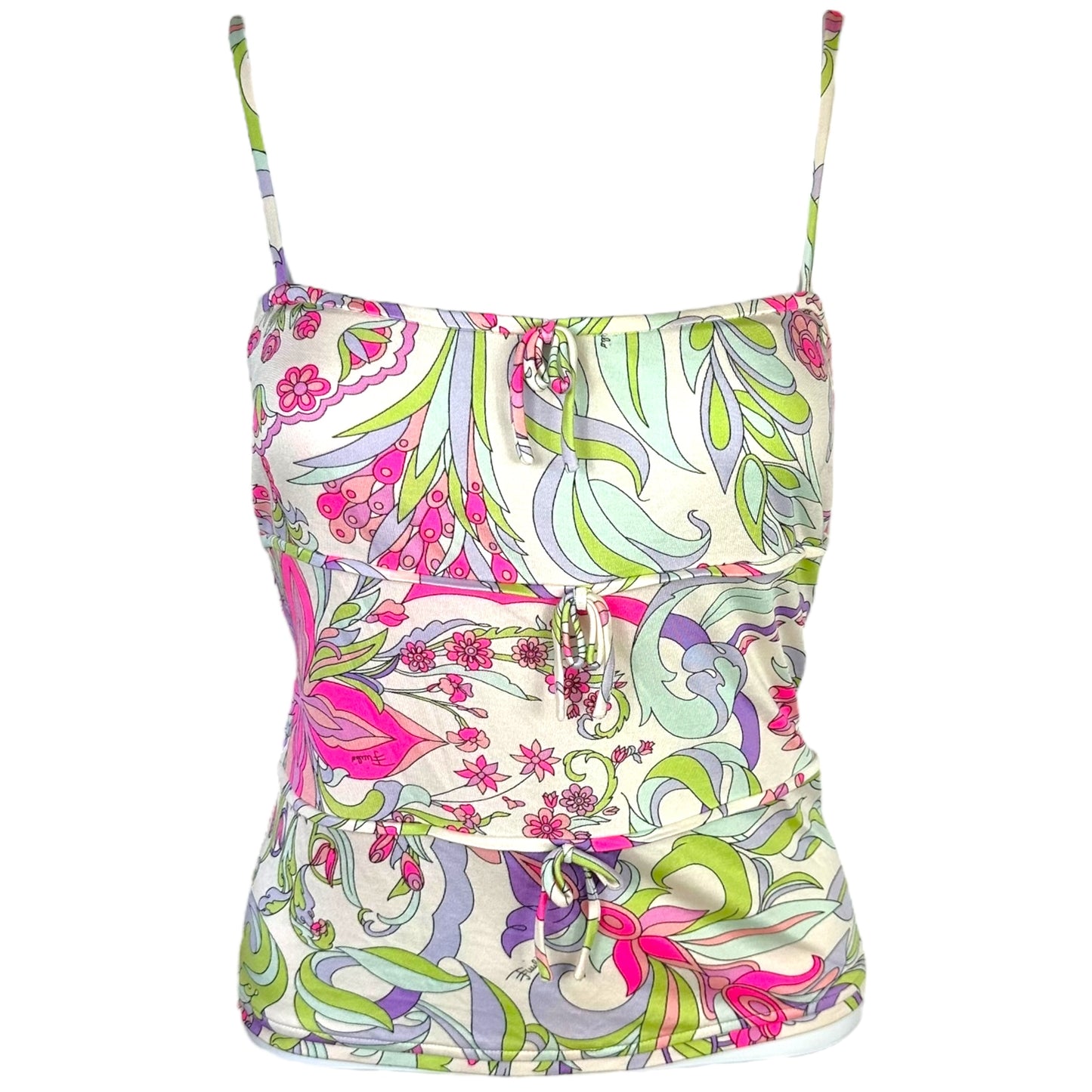 Emilio Pucci Pink & Green Floral Print Bow Cami Top
