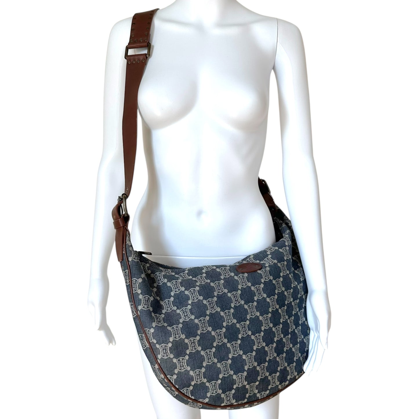 Celine Blue Denim Triomphe Monogram Crossbody Hobo Bag - Outfit Repeater