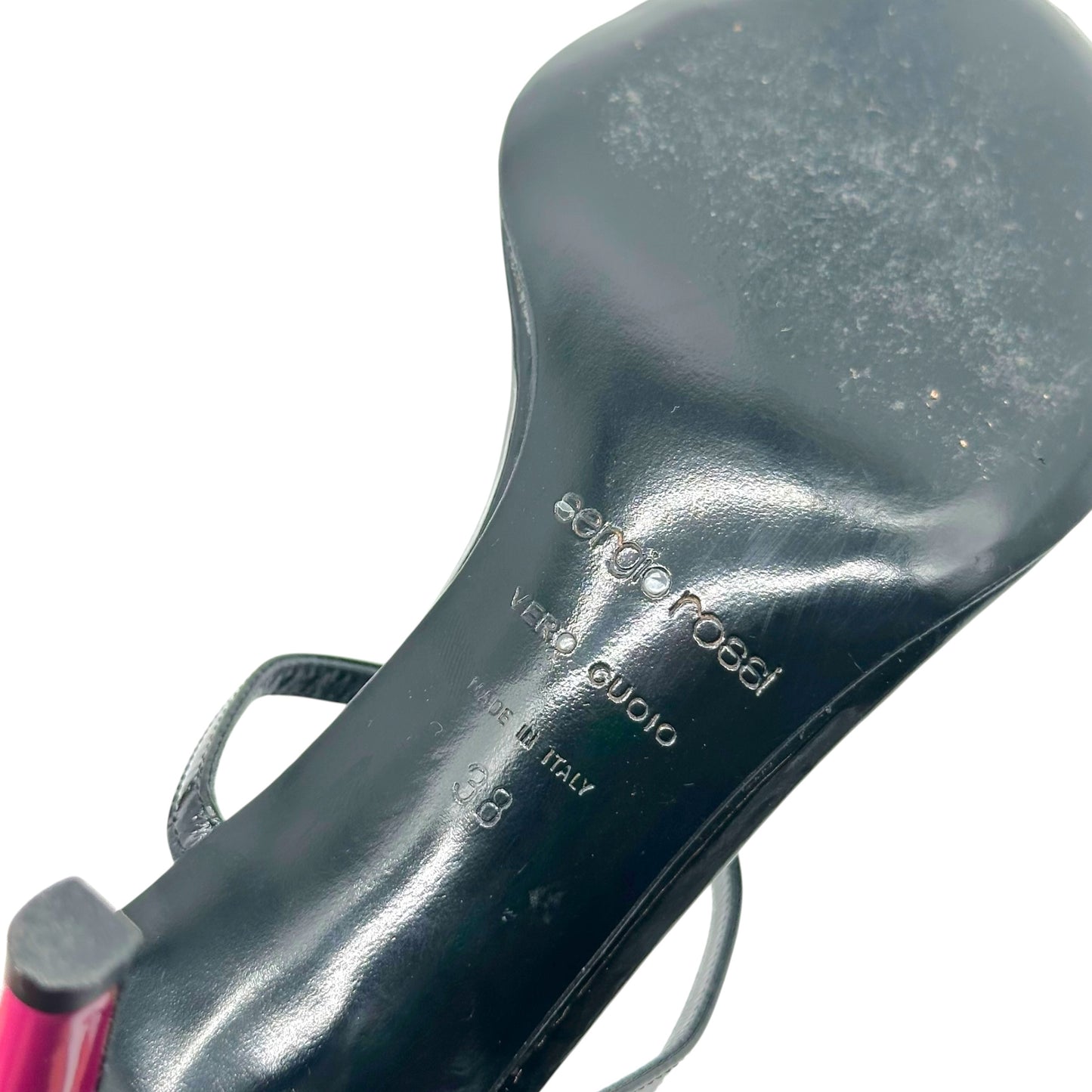 Sergio Rossi Black Patent Leather Pink Logo Heeled Mules