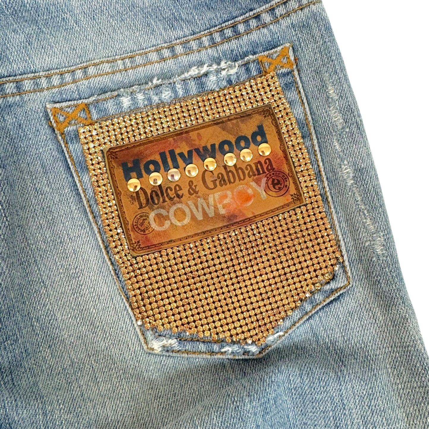Dolce & Gabbana 'Hollywood Cowboy' Gold Rhinestone Embellished Distressed Jeans