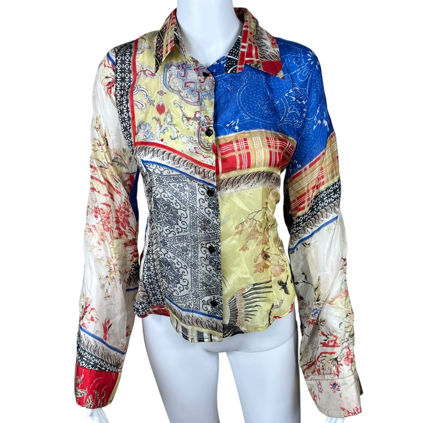 Just Cavalli Roberto Cavalli Multicolor Patchwork Wide Sleeve Silk Blouse