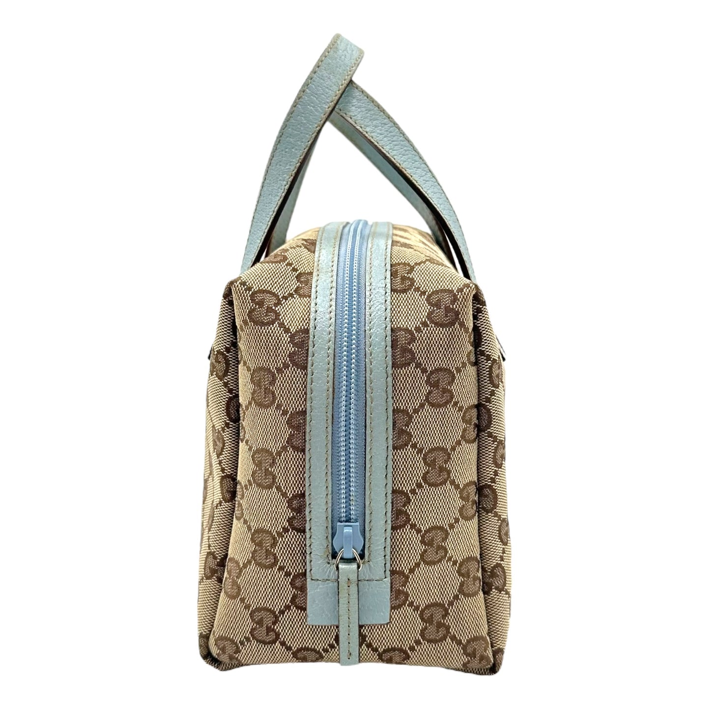 Gucci Tan Monogram Blue Leather Trim Mini Pochette Bag