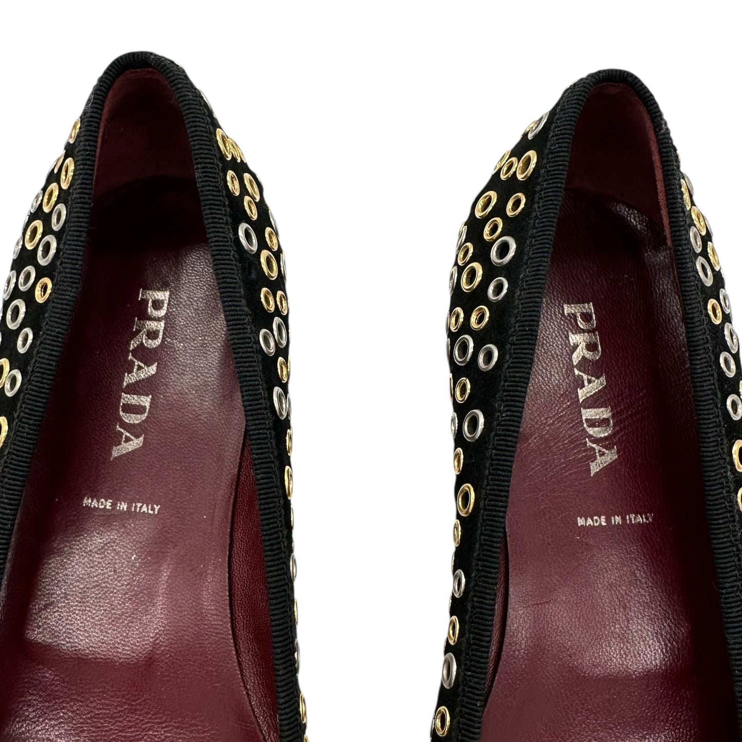 Prada Black Gold & Silver Rivet Embellished Suede Flats