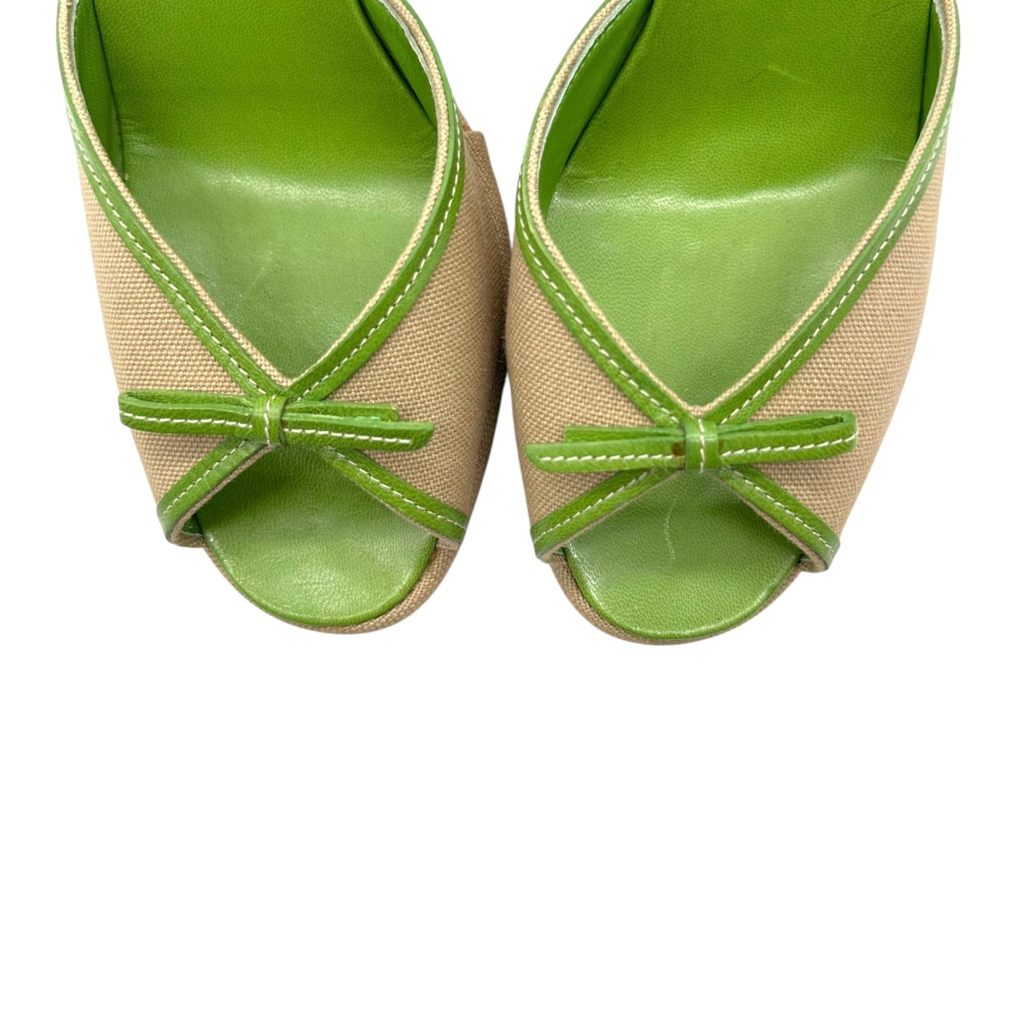Prada 90's Green & Tan Bow Wedge Sandals