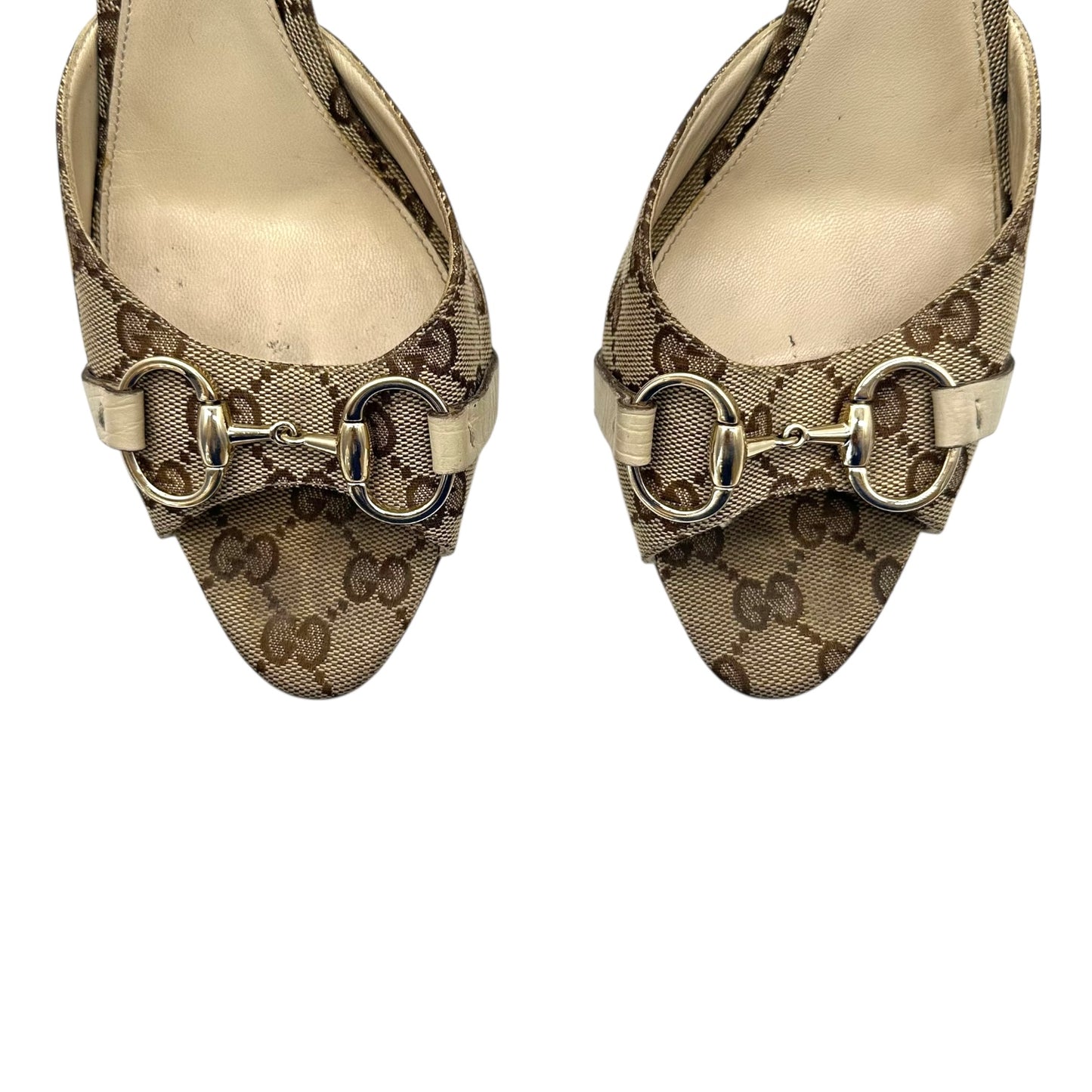 Gucci Tan Monogram Horsebit D'Orsay Heels