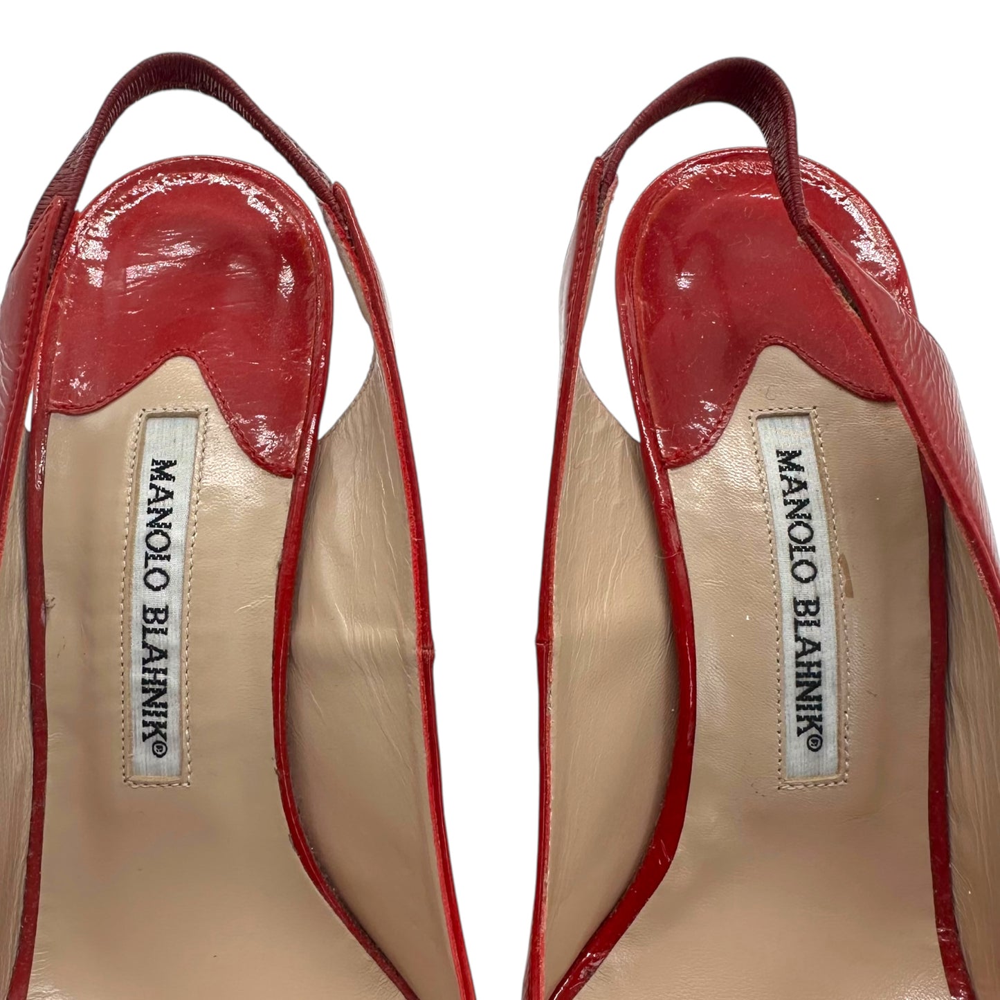 Manolo Blahnik Red Leather & Floral Embroidered Slingback Wedges
