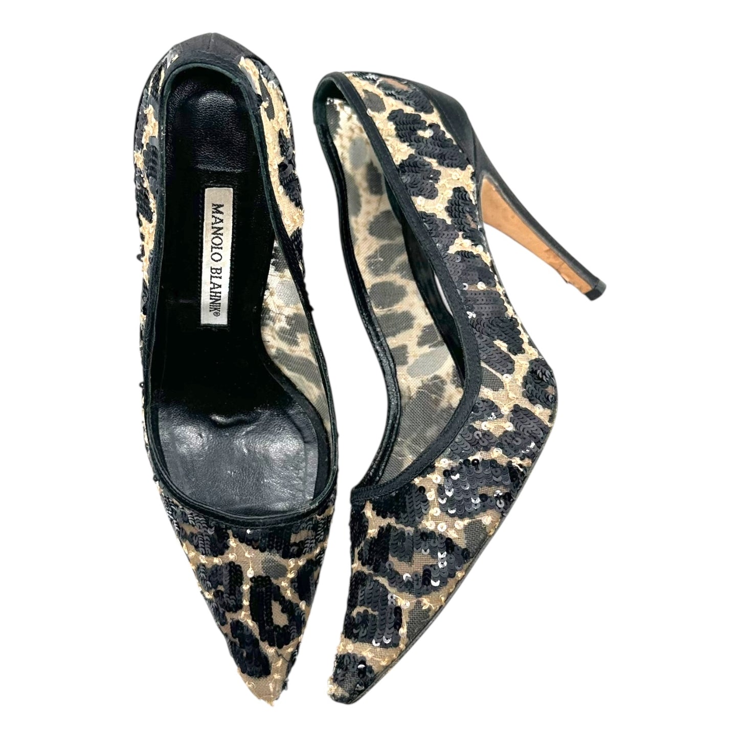 Manolo Blahnik Leopard Print Sequin Pointed Toe Heels