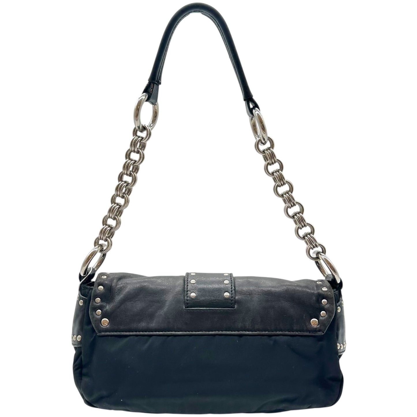 Prada Black Leather Studded Buckled Mini Shoulder Bag