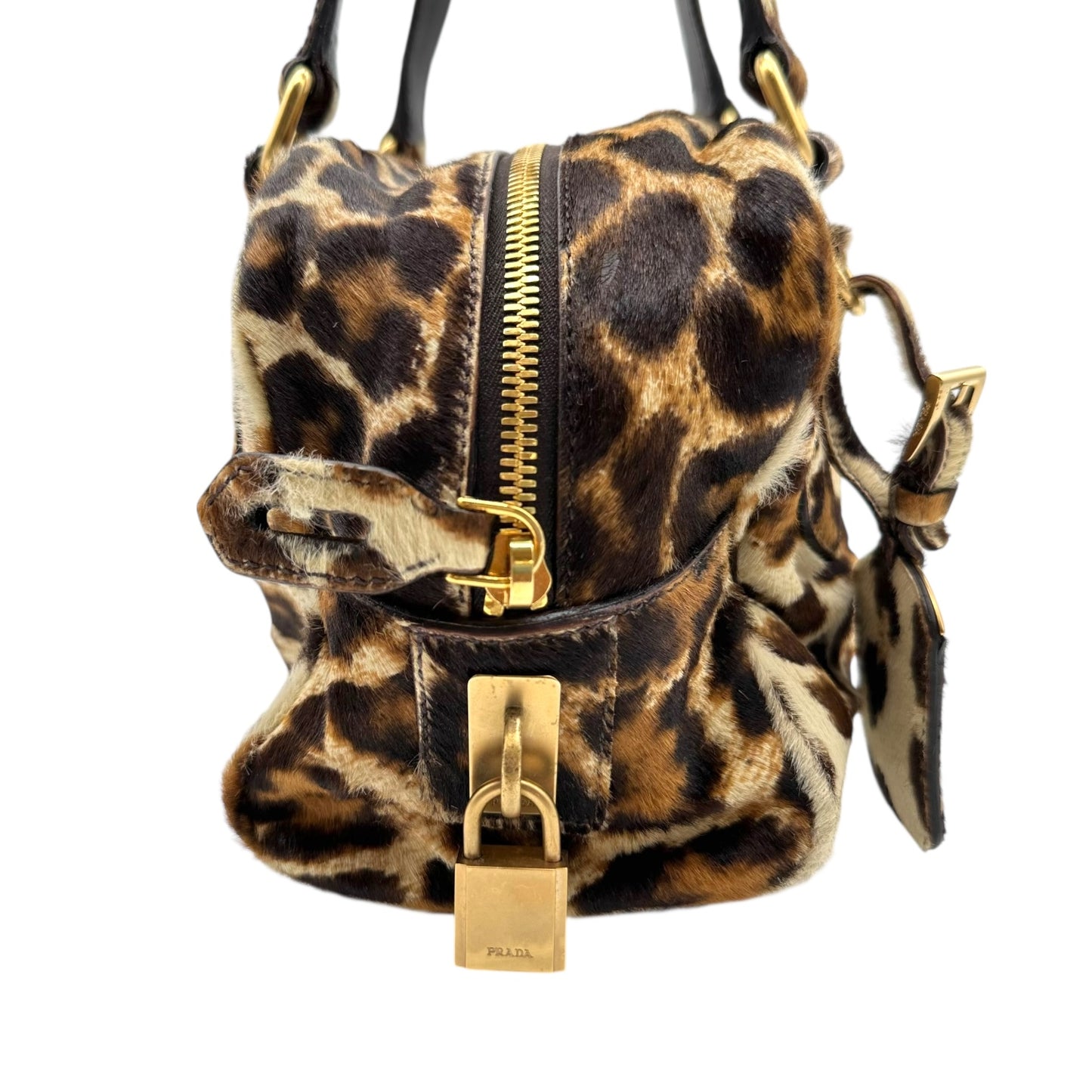 Prada Leopard Print Ponyhair Boston Bag