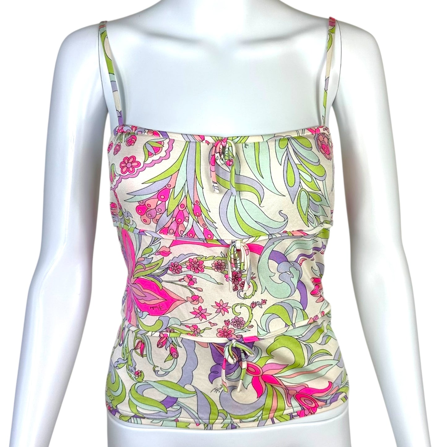 Emilio Pucci Pink & Green Floral Print Bow Cami Top