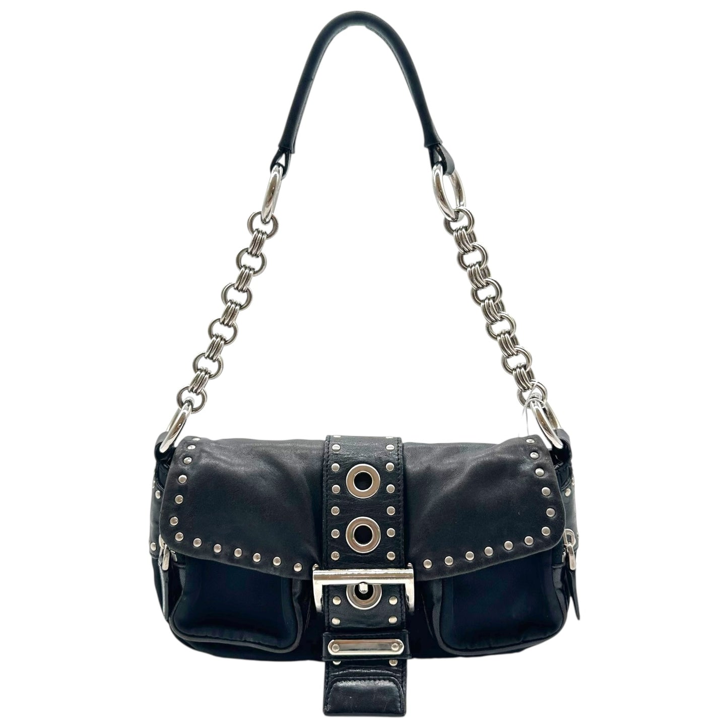 Prada Black Leather Studded Buckled Mini Shoulder Bag