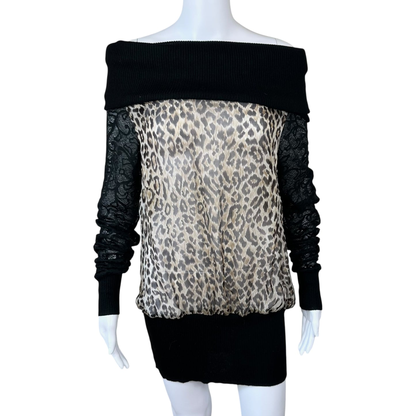 D&G Dolce & Gabbana Leopard Print Silk & Lace Off Shoulder Sweater