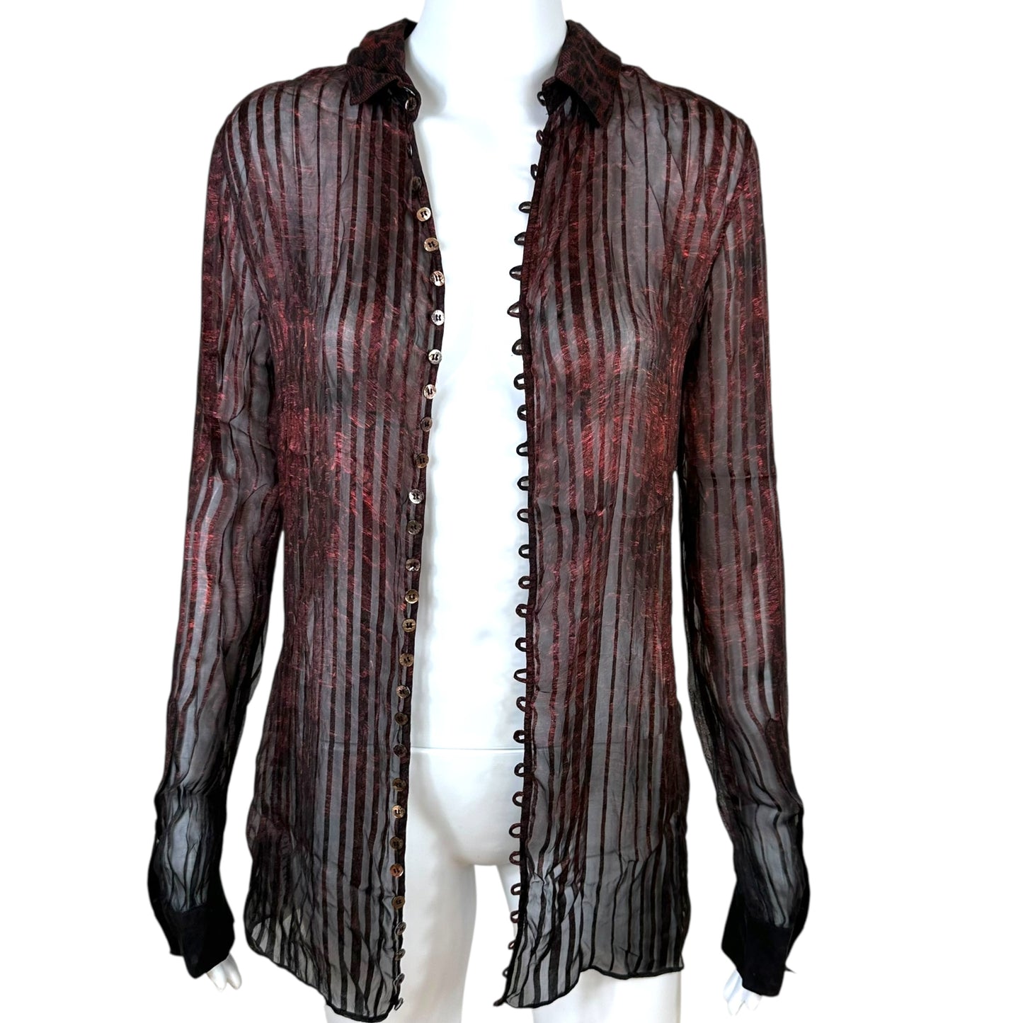 Roberto Cavalli Fall 2011 Red & Black Button Back Sheer Silk Blouse