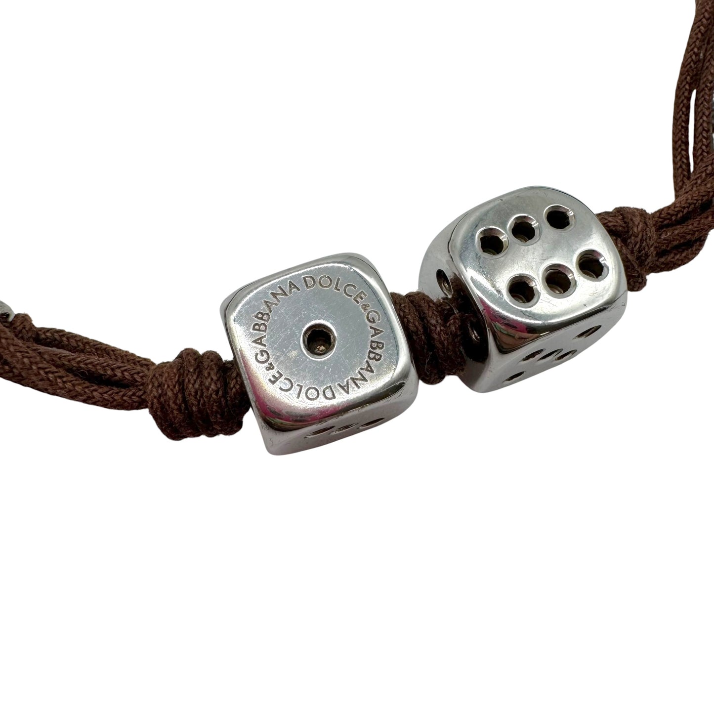 Dolce & Gabbana Brown Leather Silver Dice Choker Necklace