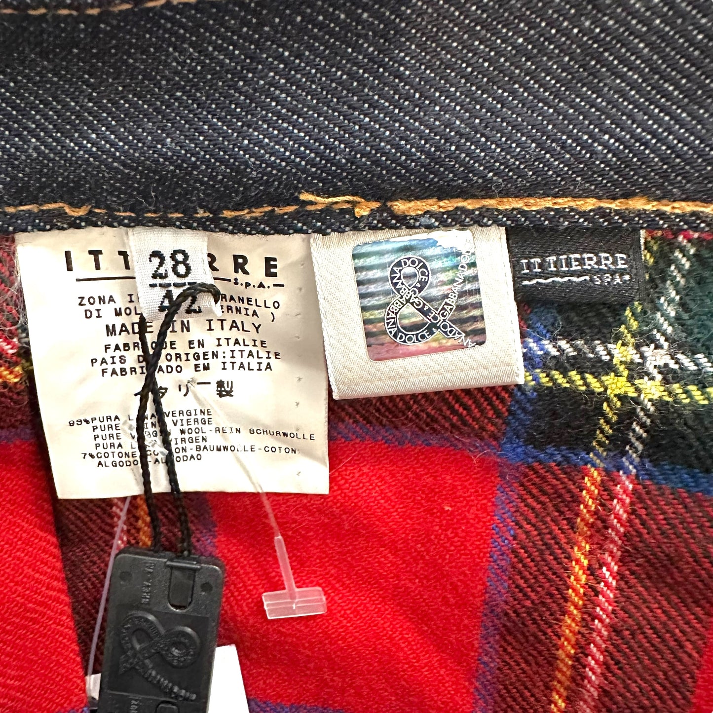 D&G Dolce & Gabbana Red Wool Plaid & Denim Pleated Micro Mini SKirt