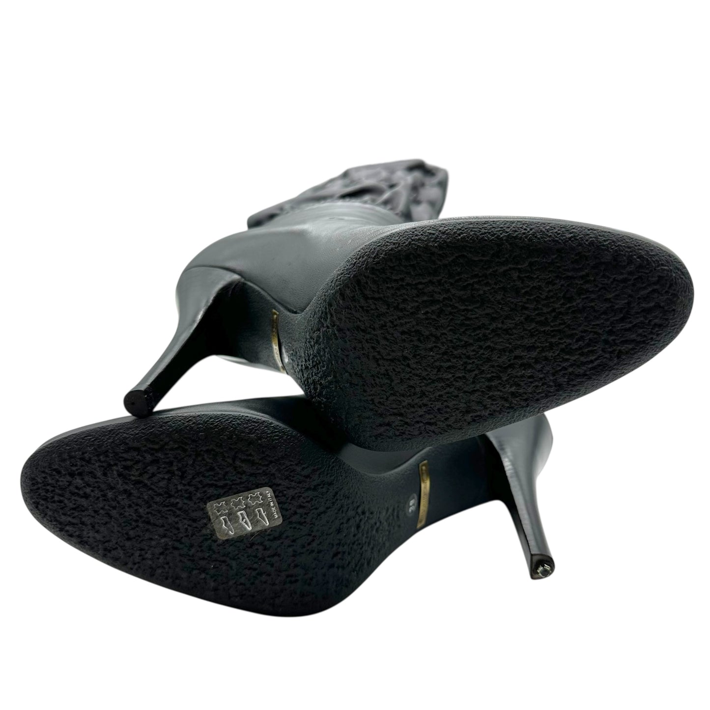 Roberto Cavalli Black Leather Gathered Leather Knee High Heeled Boots