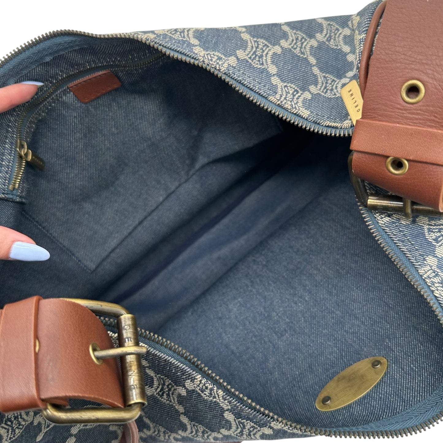Celine Blue Denim Triomphe Monogram Crossbody Hobo Bag