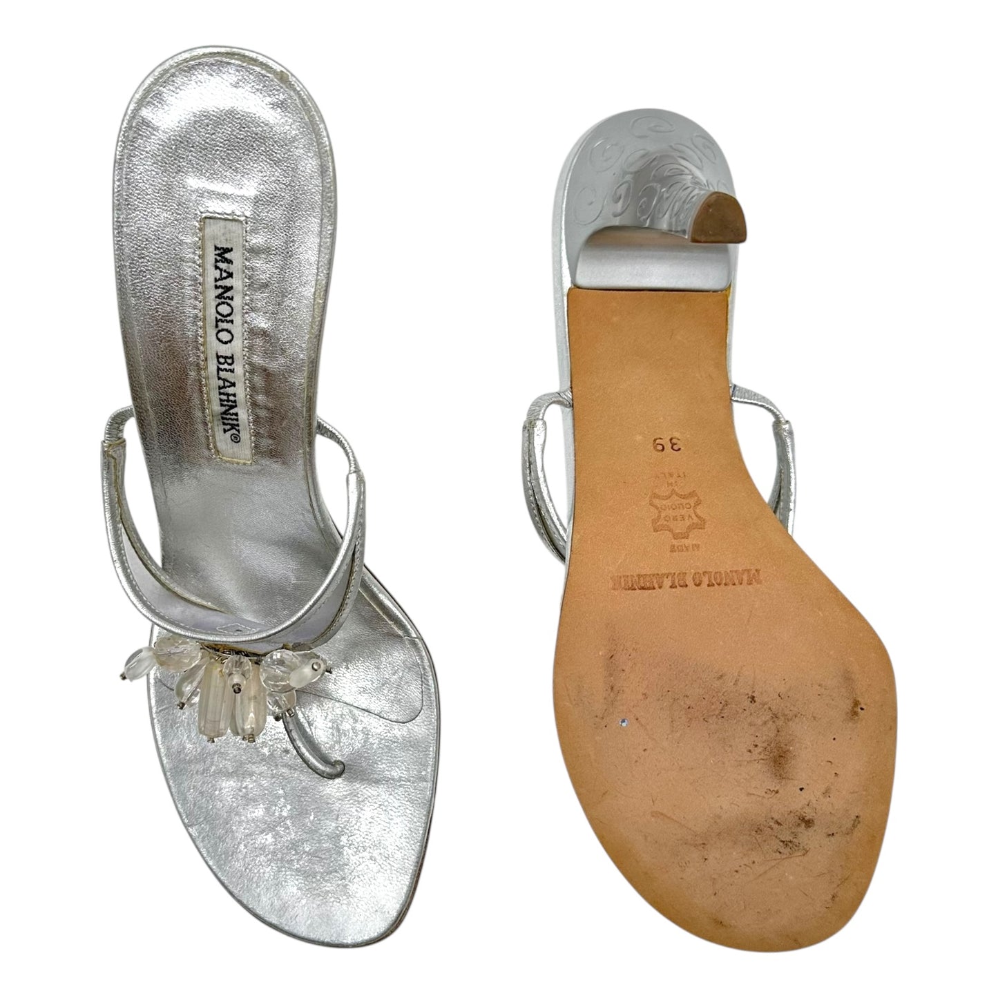 Manolo Blahnik Silver Beaded Flip Flop Heels