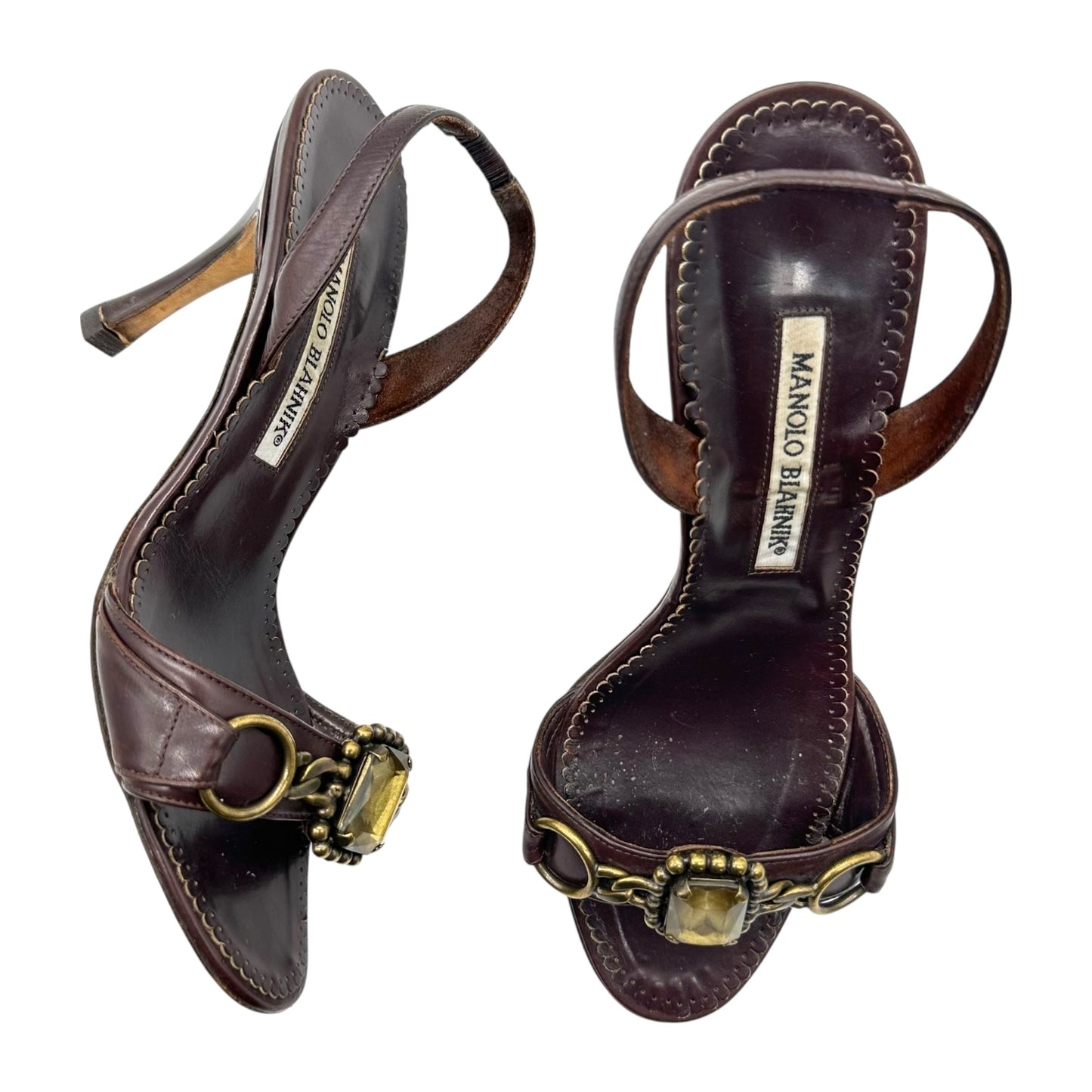 Manolo Blahnik Brown Stone & Chain Embellished Heels